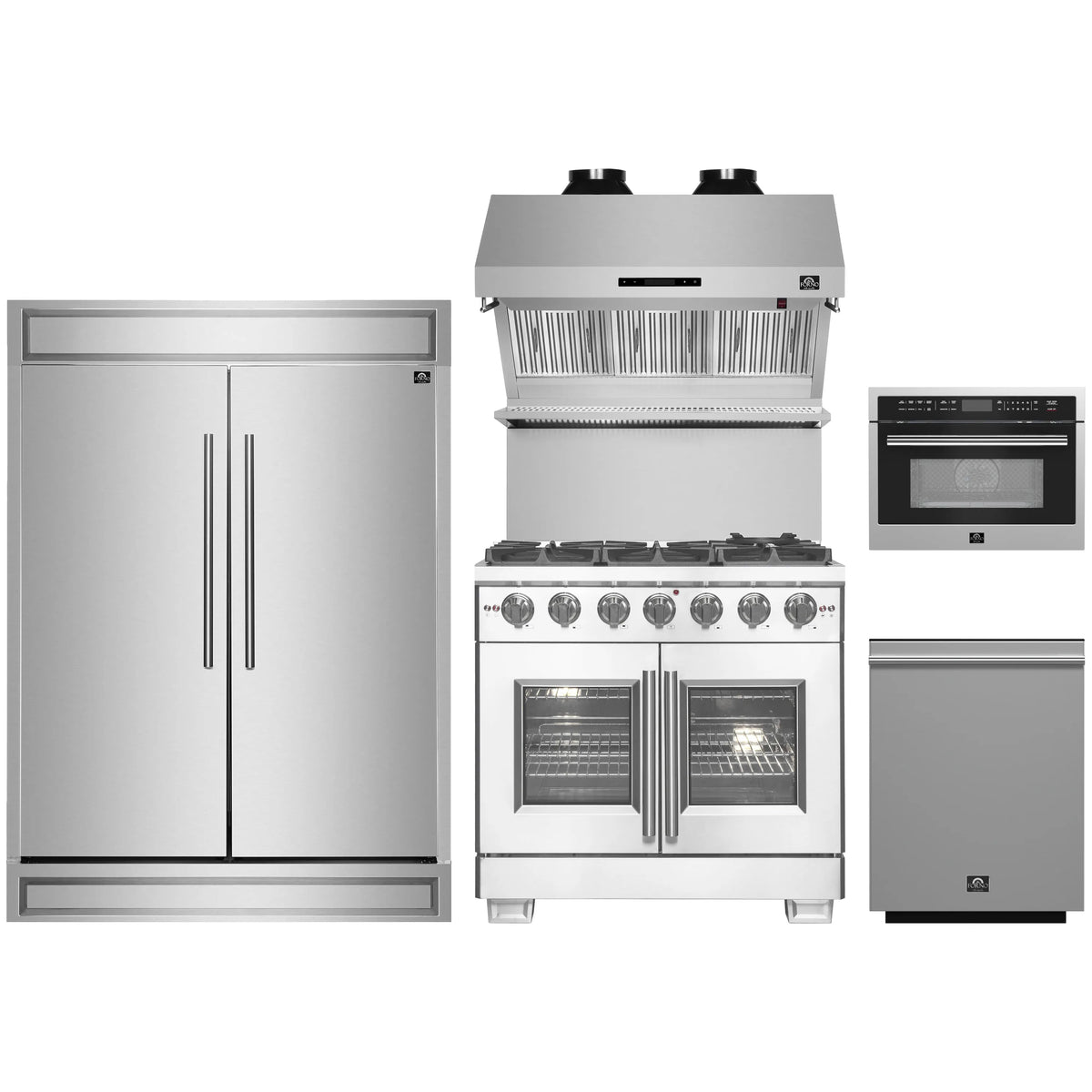 Forno 5-Piece Pro Appliance Package - 36-Inch Gas Range, 60-Inch Pro-Style Refrigerator, Wall Mount Hood with Backsplash, 24-Inch Microwave Oven, & 3-Rack Dishwasher in Stainless Steel