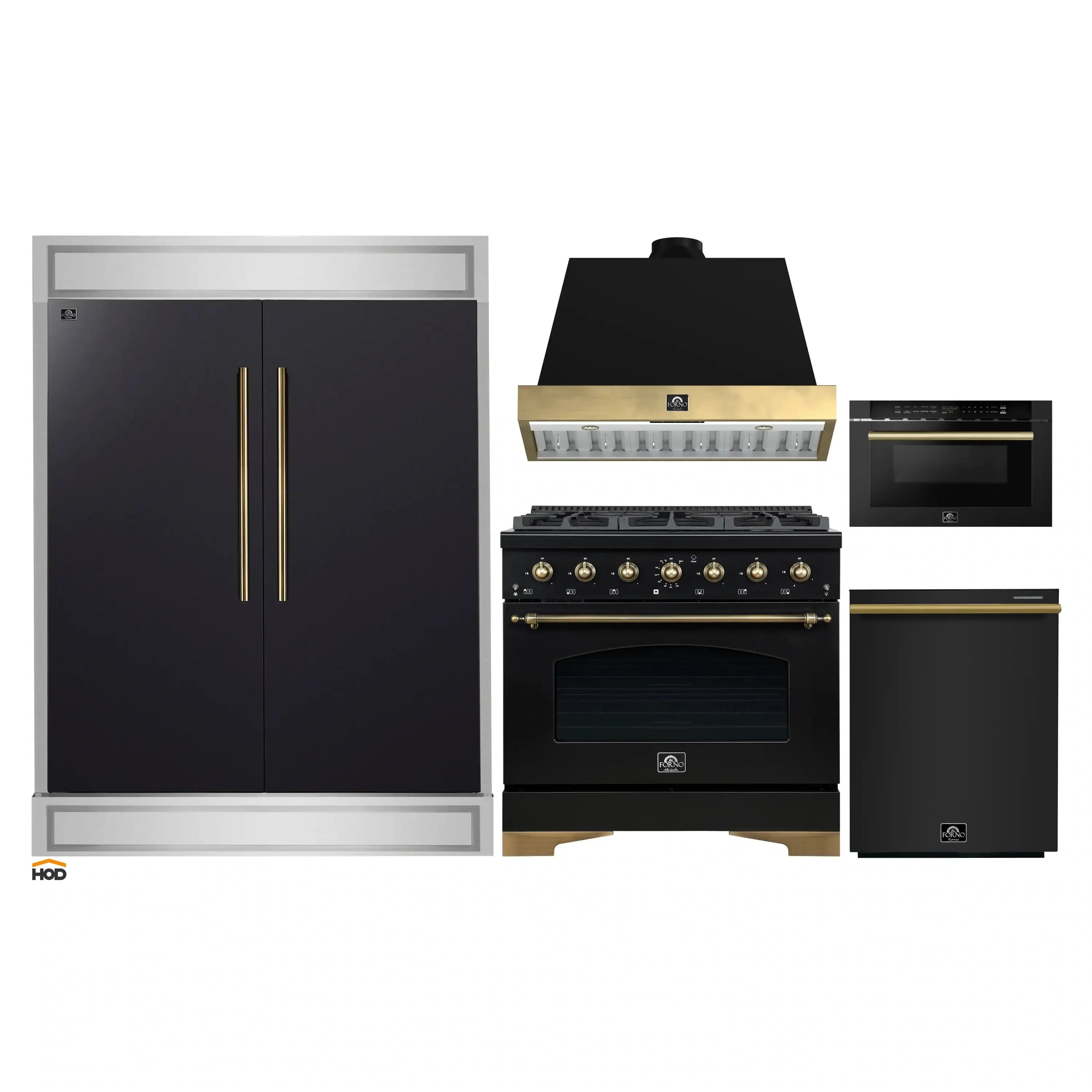 Kitchen appliance package with black refrigerator, range, hood, dishwasher, and microwave
