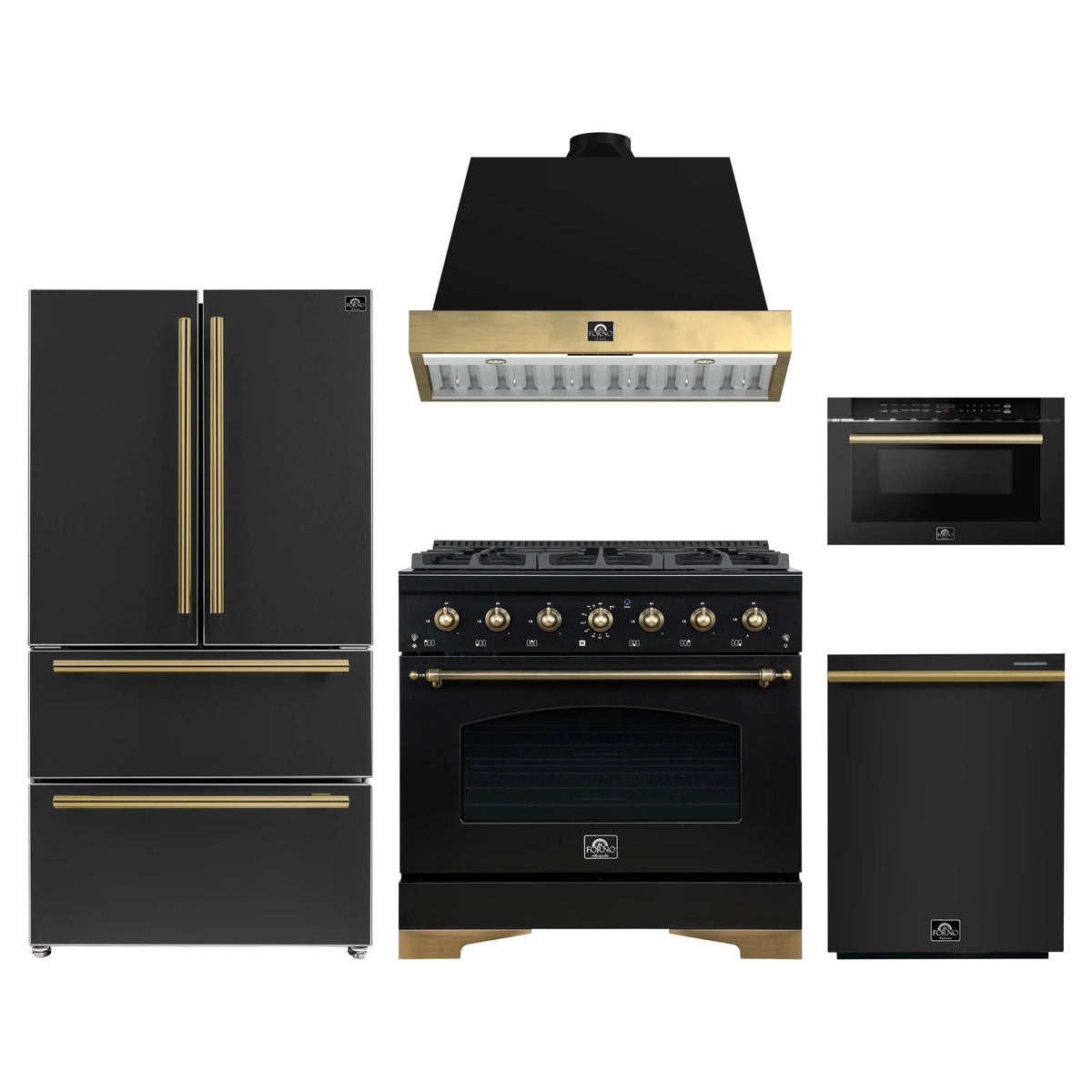 Forno Antico 5-Piece Appliance Package - 36-Inch Dual Fuel Range, 36-Inch Hood, 36-Inch Refrigerator, 24-Inch Dishwasher, & 24-Inch Microwave Drawer in Black with Antique Brass Trim