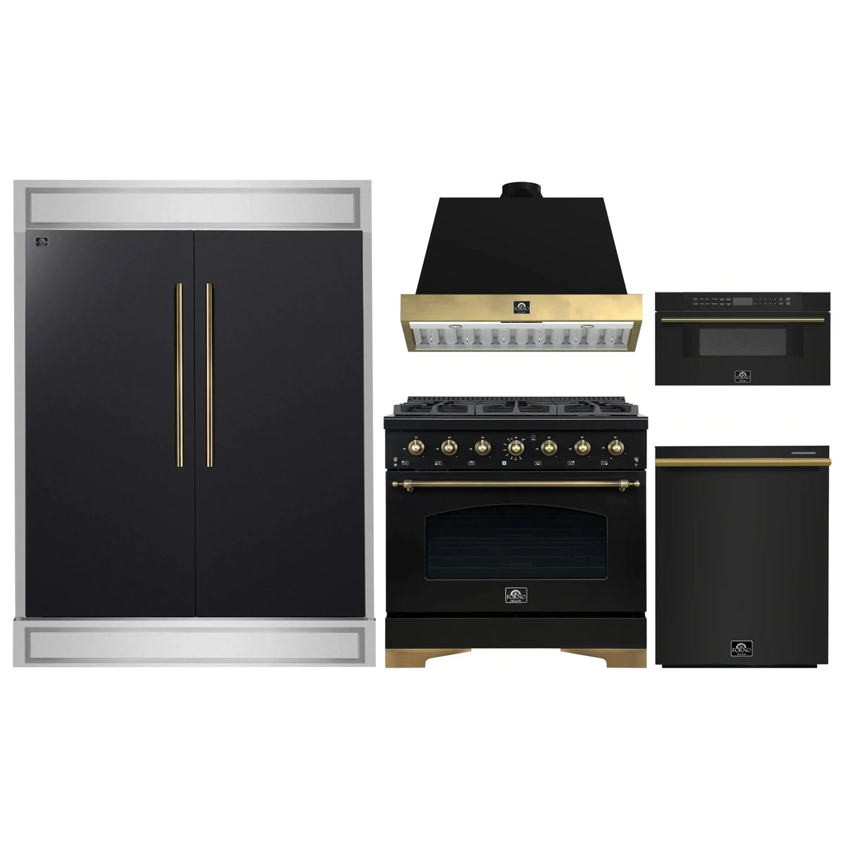 Forno 5-Piece Appliance Package - 36-Inch Dual Fuel Range, Wall Mount Range Hood, 60-Inch Convertible Refrigerator with Modern Trim, Dishwasher, and 30-Inch Microwave Drawer in Black with Antique Brass Trim