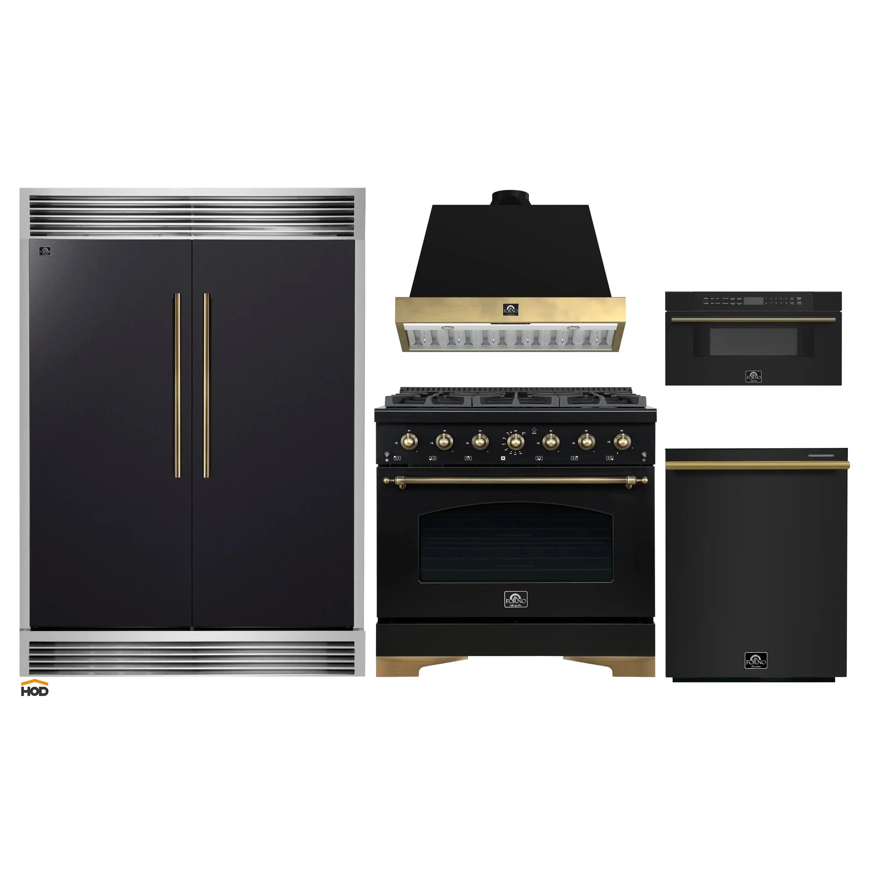 Five-piece black appliance set with brass accents: range, hood, microwave drawer, dishwasher