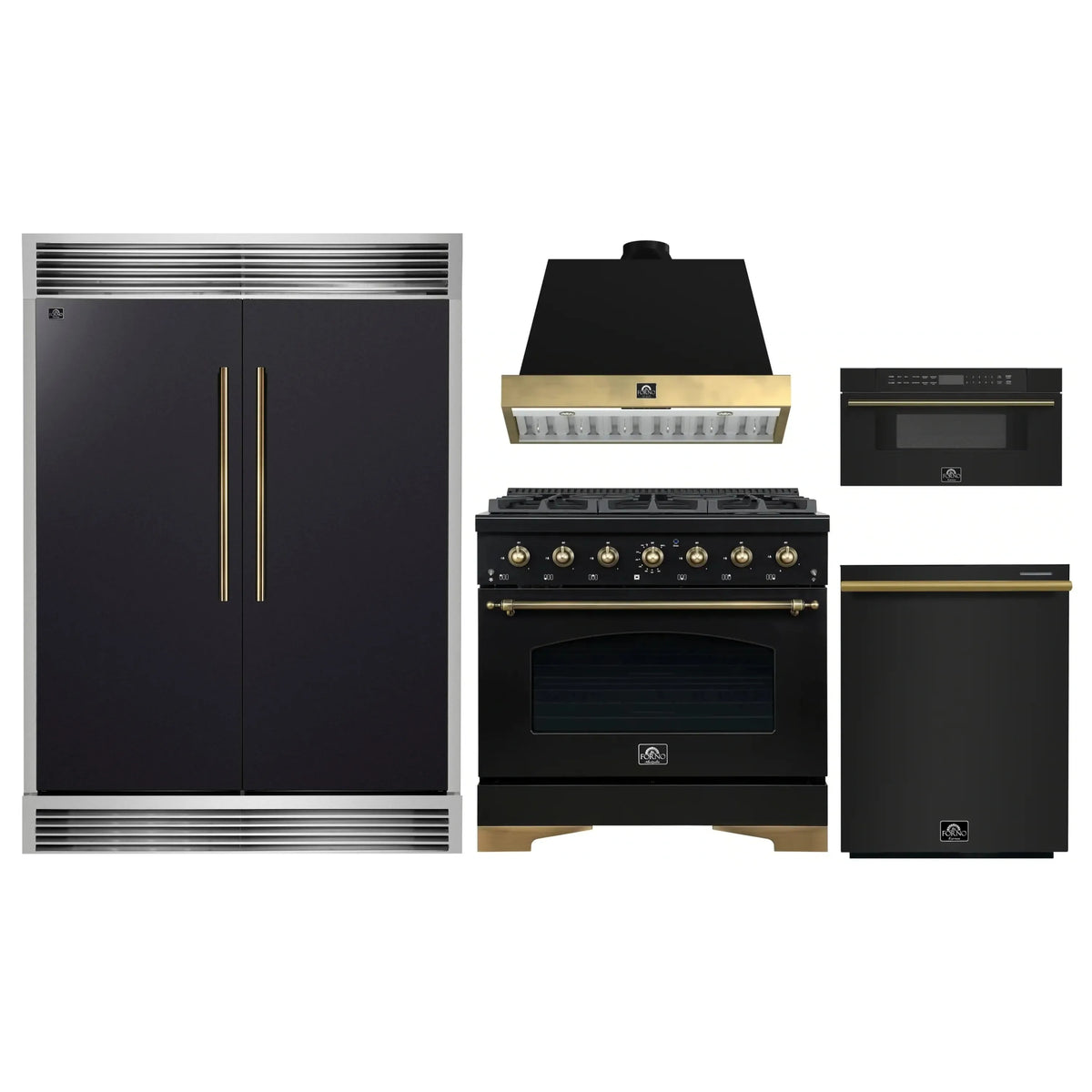 Forno 5-Piece Appliance Package - 36-Inch Dual Fuel Range, Wall Mount Range Hood, 60-Inch Convertible Refrigerator with Modern Grille Trim, Dishwasher, and 30-Inch Microwave Drawer in Black with Antique Brass Trim