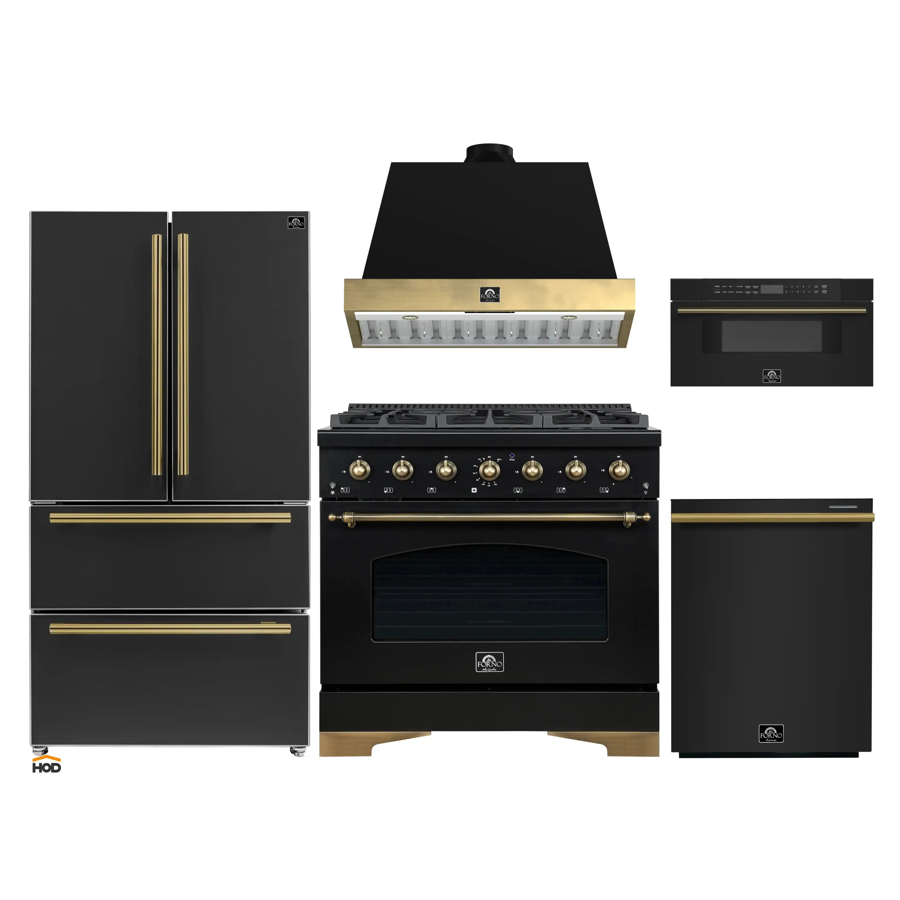 Black 5-piece built-in appliance set with antique brass trim: range, hood, fridge, dishwasher