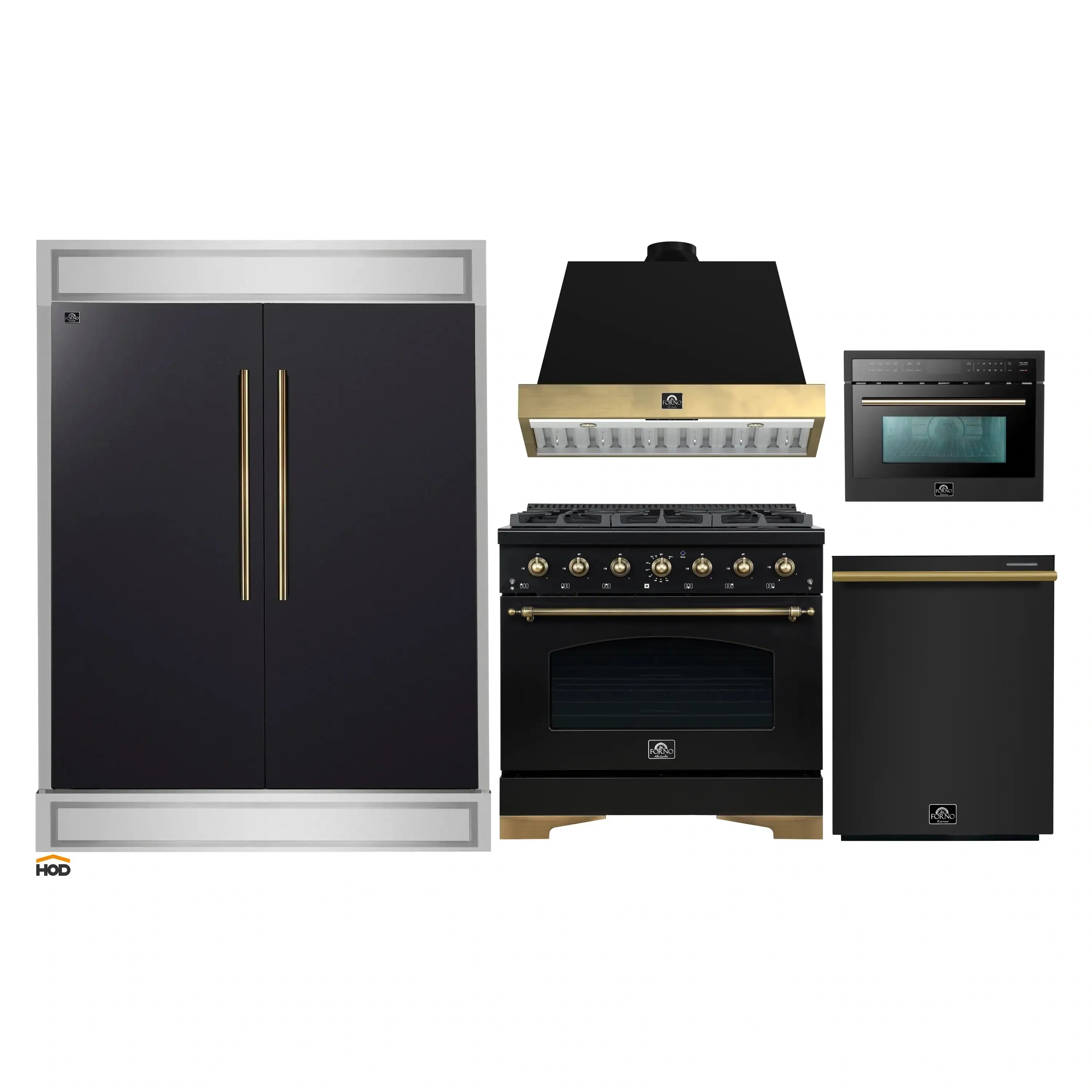 Black kitchen appliance package with range, hood, microwave, dishwasher, and refrigerator