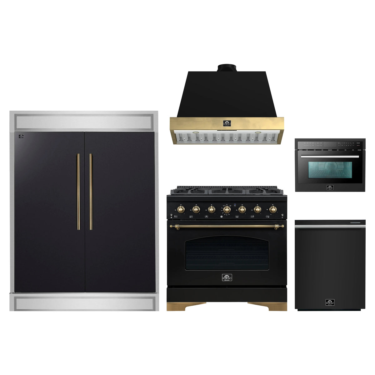 Forno 5-Piece Appliance Package - 36-Inch Dual Fuel Range, Wall Mount Range Hood, 60-Inch Convertible Refrigerator with Modern Trim, Dishwasher, and 24-Inch Microwave Oven in Black with Antique Brass Trim