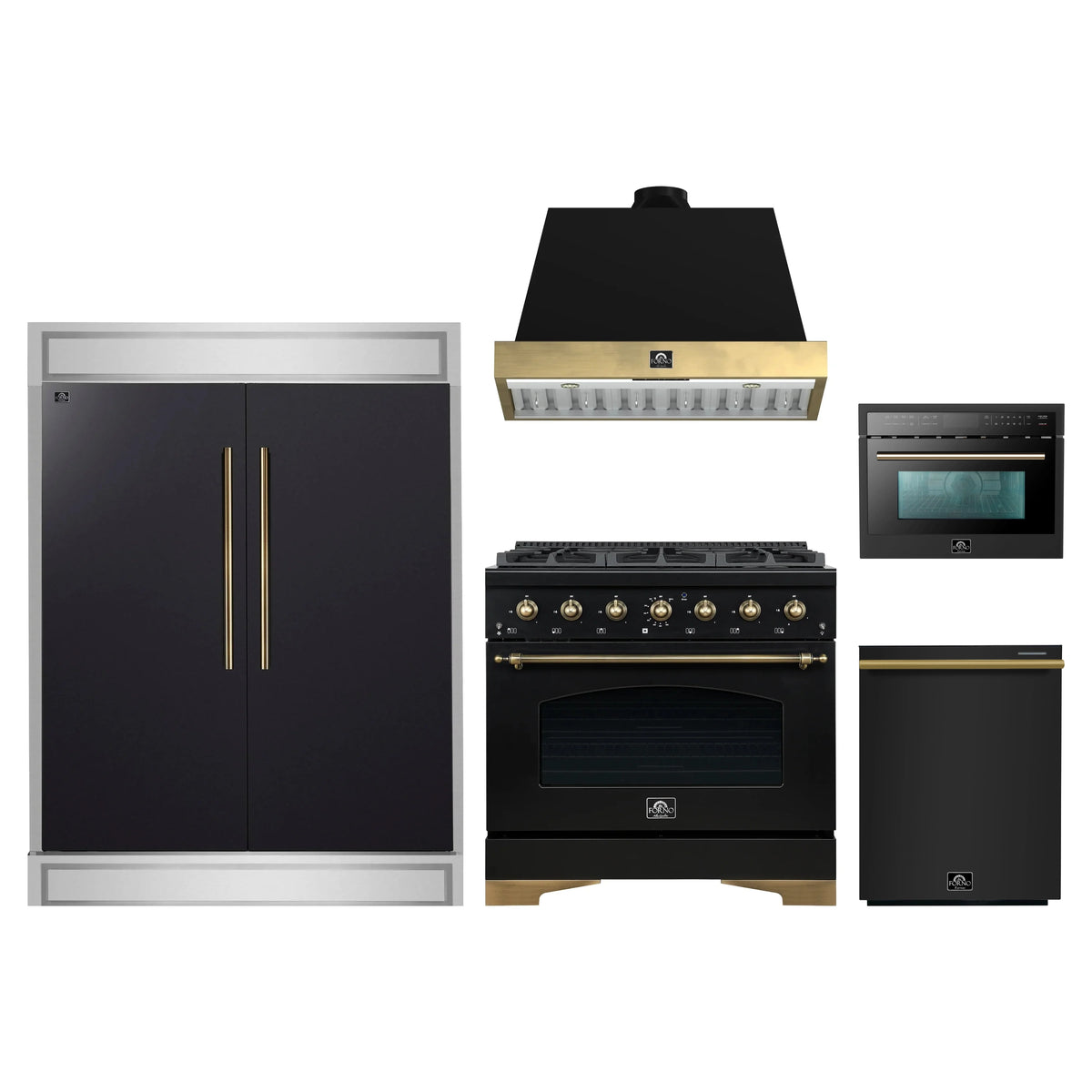 Forno 5-Piece Appliance Package - 36-Inch Dual Fuel Range, Wall Mount Range Hood, 60-Inch Convertible Refrigerator with Modern Trim, Dishwasher, and 24-Inch Microwave Oven in Black with Antique Brass Trim