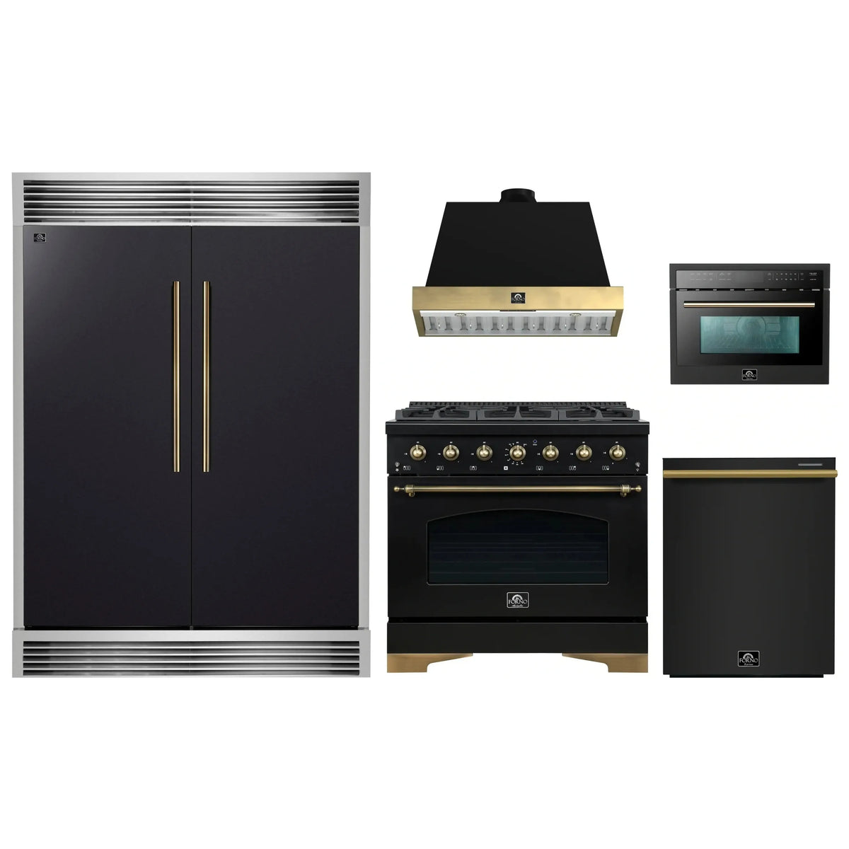 Forno 5-Piece Appliance Package - 36-Inch Dual Fuel Range, Wall Mount Range Hood, 60-Inch Convertible Refrigerator with Modern Grille Trim, Dishwasher, and 24-Inch Microwave Oven in Black with Antique Brass Trim