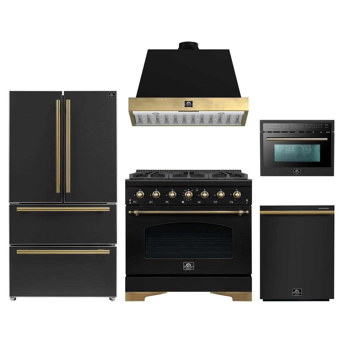 Forno Antico 5-Piece Appliance Package - 36-Inch Dual Fuel Range, 36-Inch Hood, 36-Inch Refrigerator, 24-Inch Dishwasher, & 24-Inch Microwave Oven in Black with Antique Brass Trim