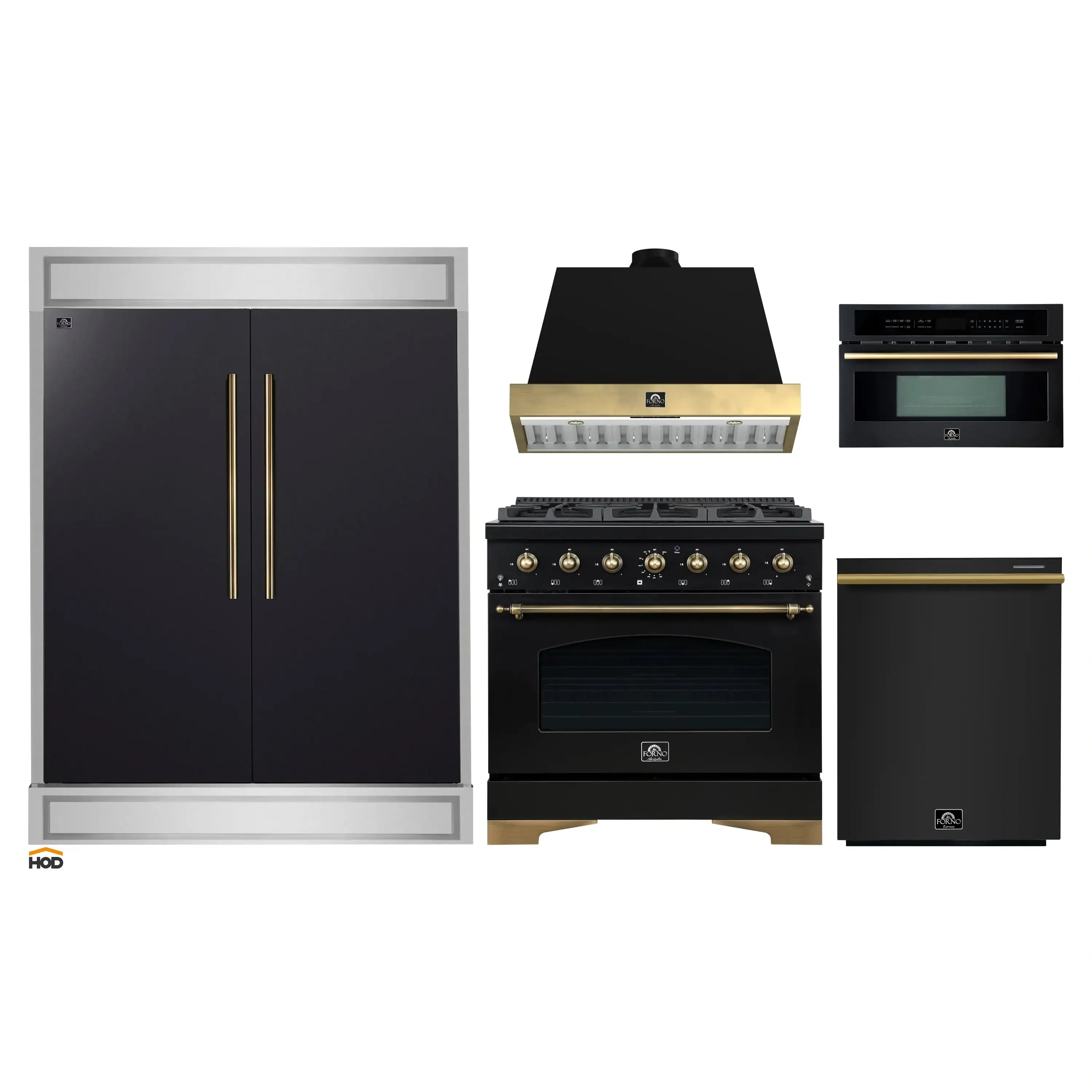 Black kitchen appliance package with brass-accent handles including range and refrigerator