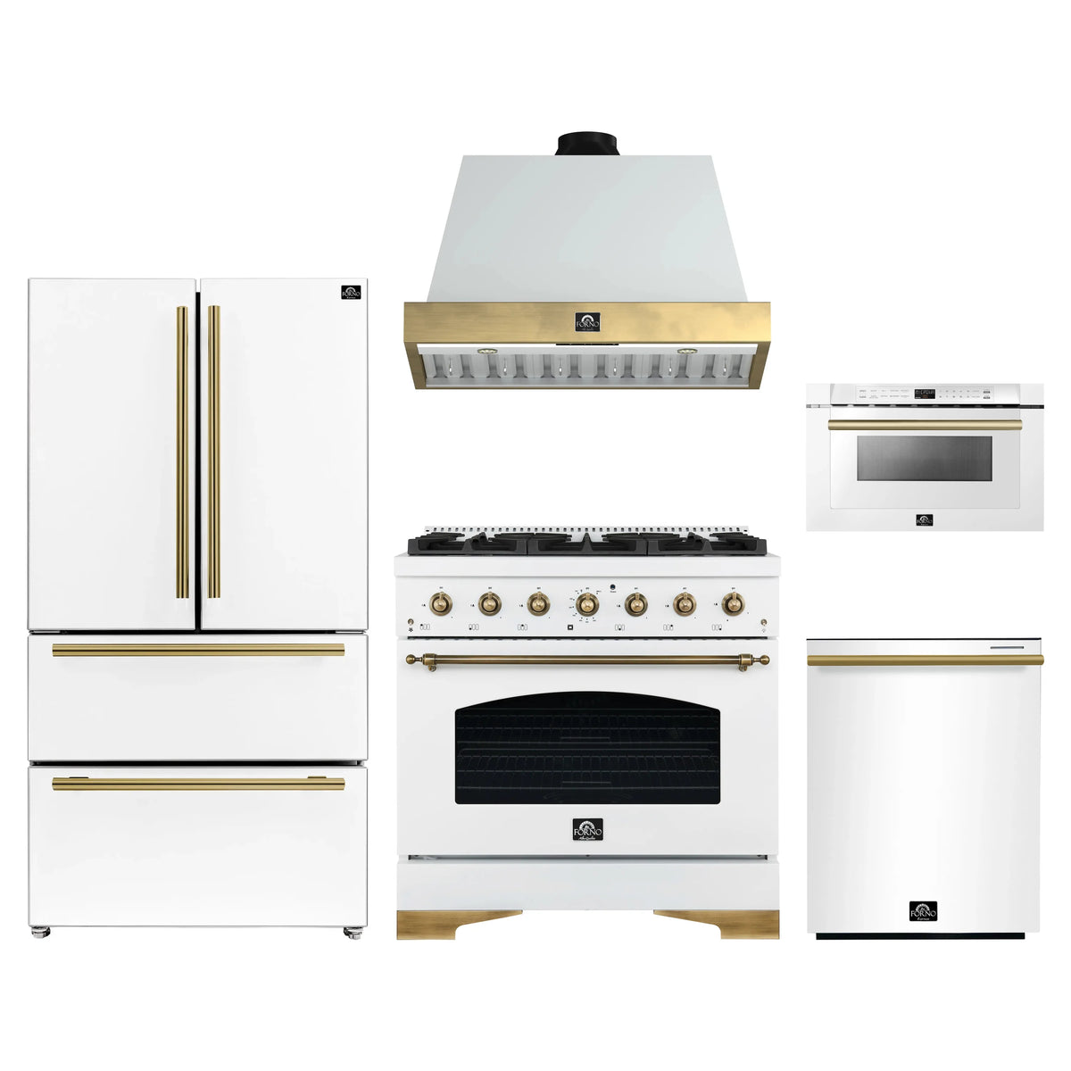 Forno Antico 5-Piece Appliance Package - 36-Inch Dual Fuel Range, 36-Inch Hood, 36-Inch Refrigerator, 24-Inch Dishwasher, & 24-Inch Microwave Drawer in White with Antique Brass Trim