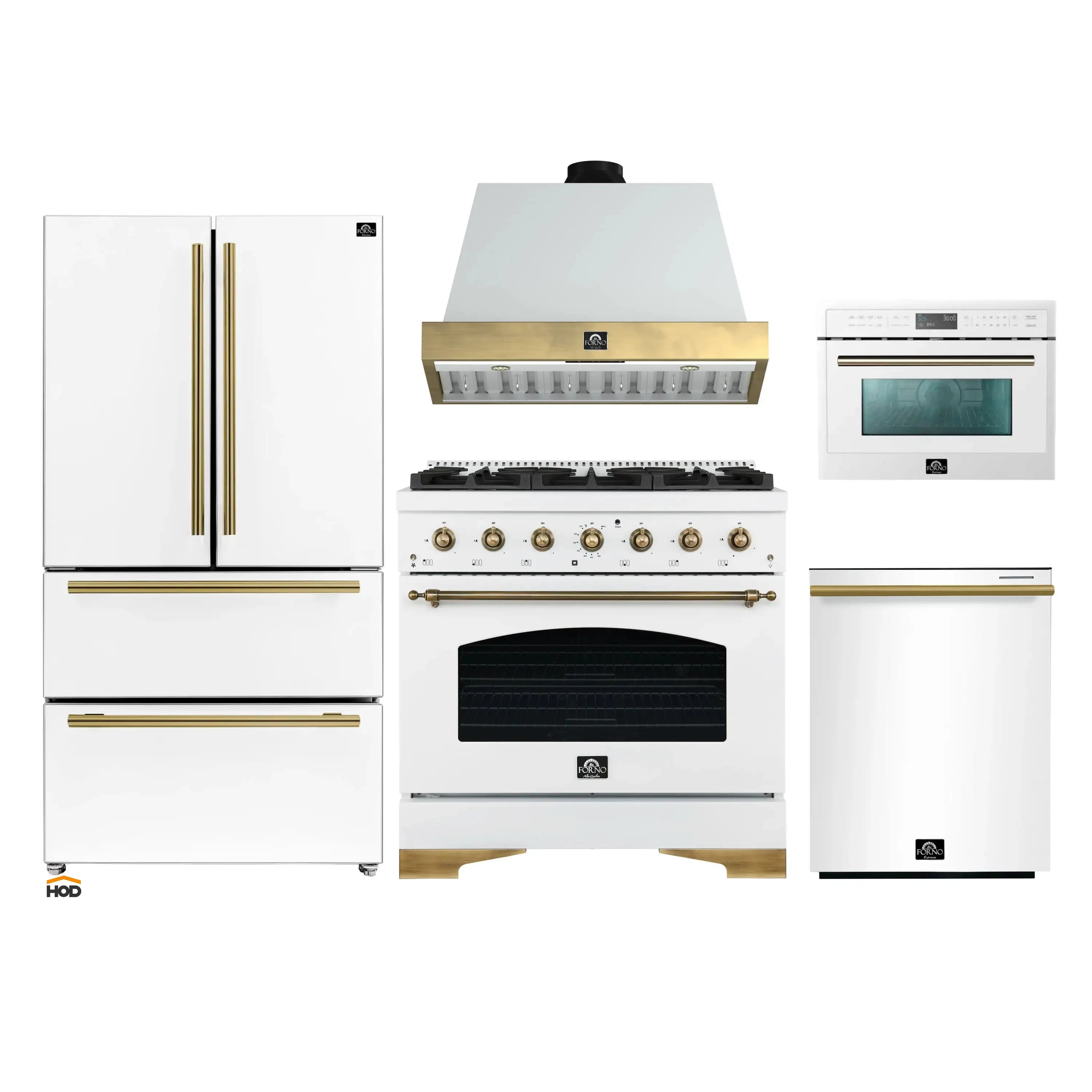 White appliance package showing range, hood, and refrigerator with brass trim