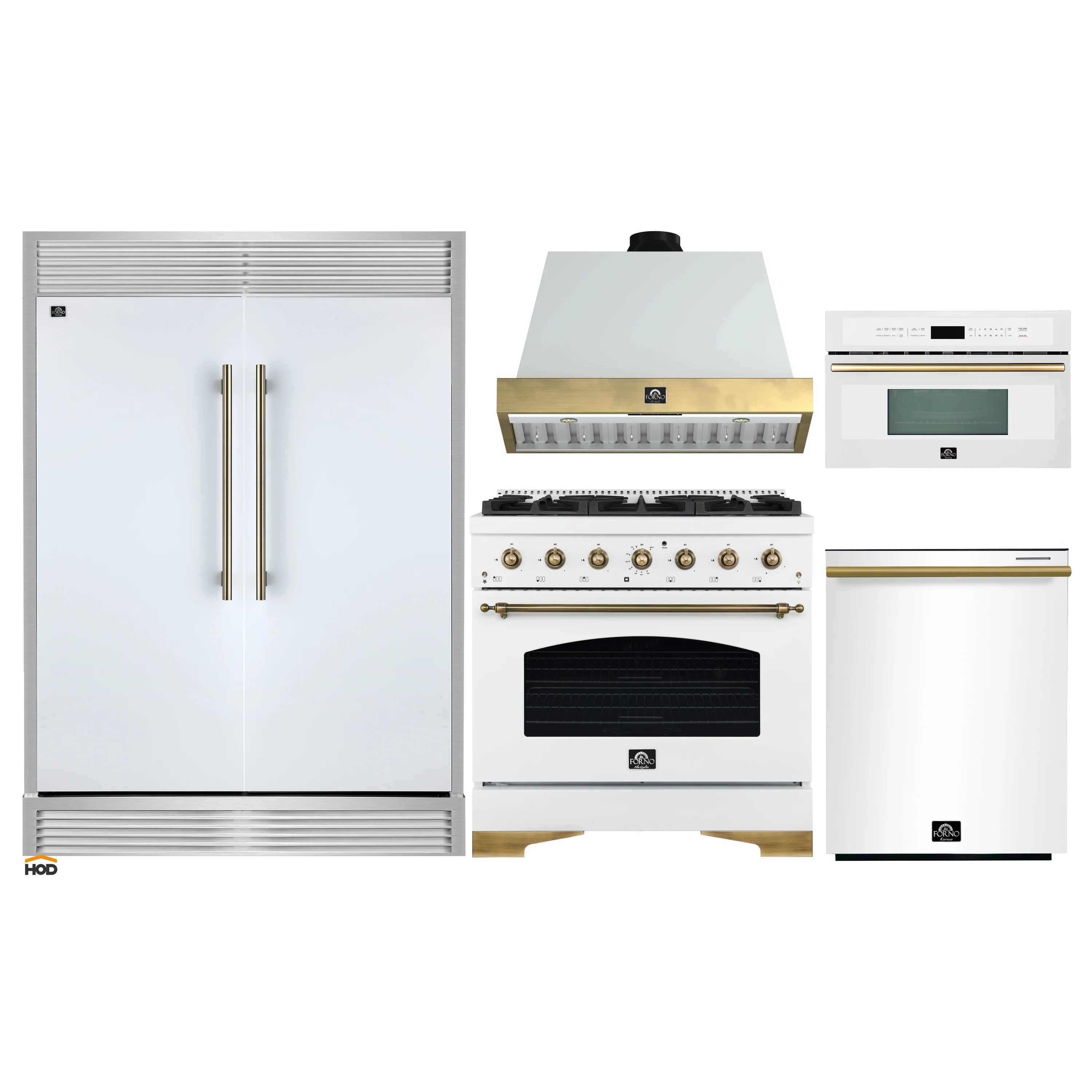 Kitchen appliance package with white refrigerator, gold-trim range, hood and wall oven