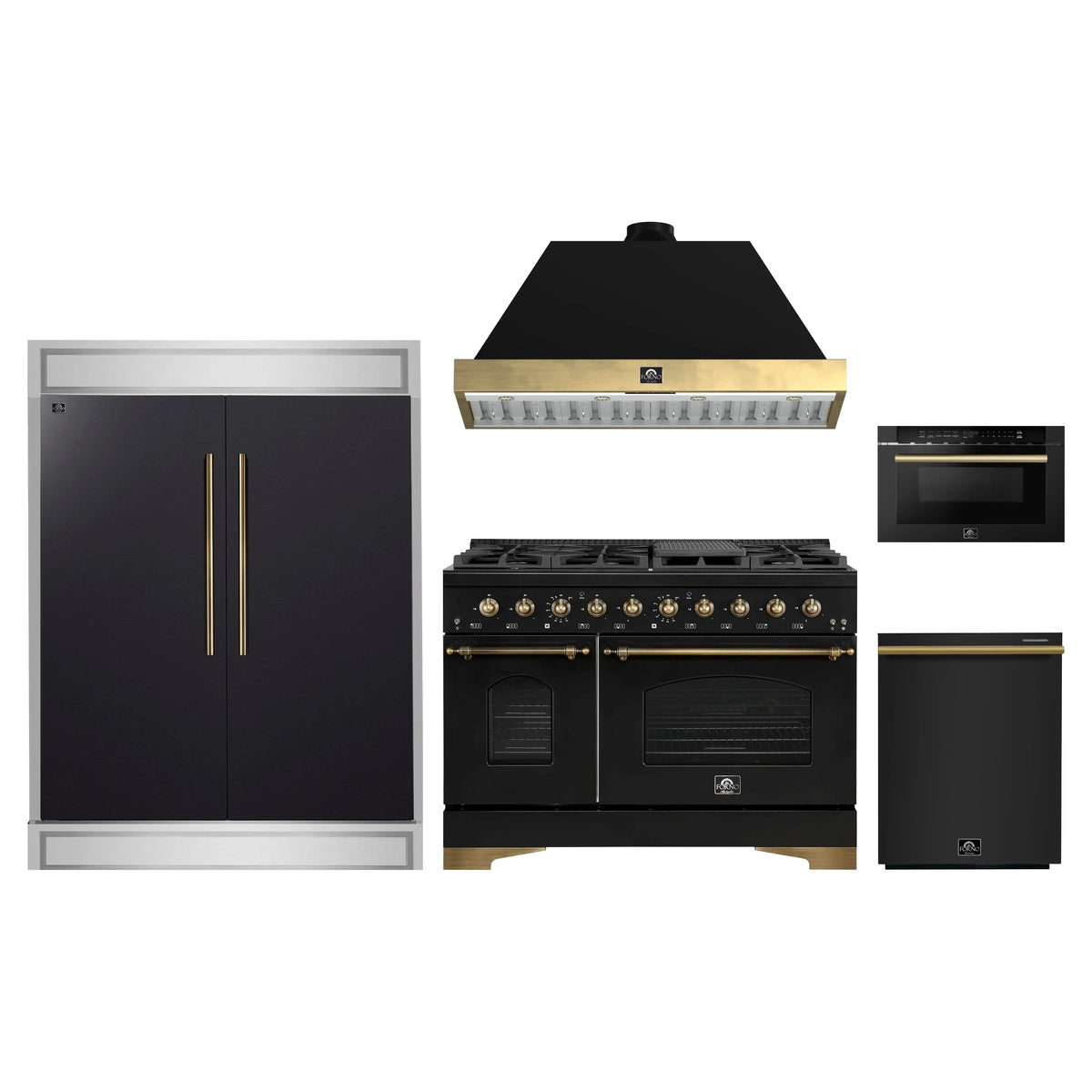 Forno 5-Piece Appliance Package - 48-Inch Dual Fuel Range, Hood, 60-Inch Convertible Refrigerator with Modern Trim, Dishwasher, and 24-Inch Microwave Drawer in Black with Antique Brass Trim