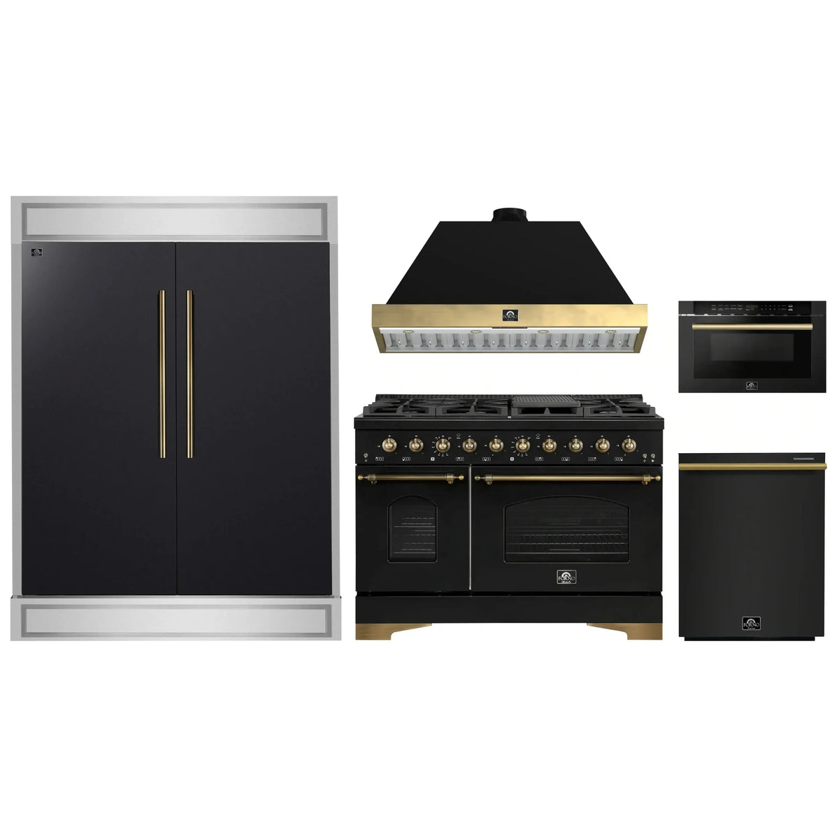 Forno 5-Piece Appliance Package - 48-Inch Dual Fuel Range, Hood, 60-Inch Convertible Refrigerator with Modern Trim, Dishwasher, and 24-Inch Microwave Drawer in Black with Antique Brass Trim