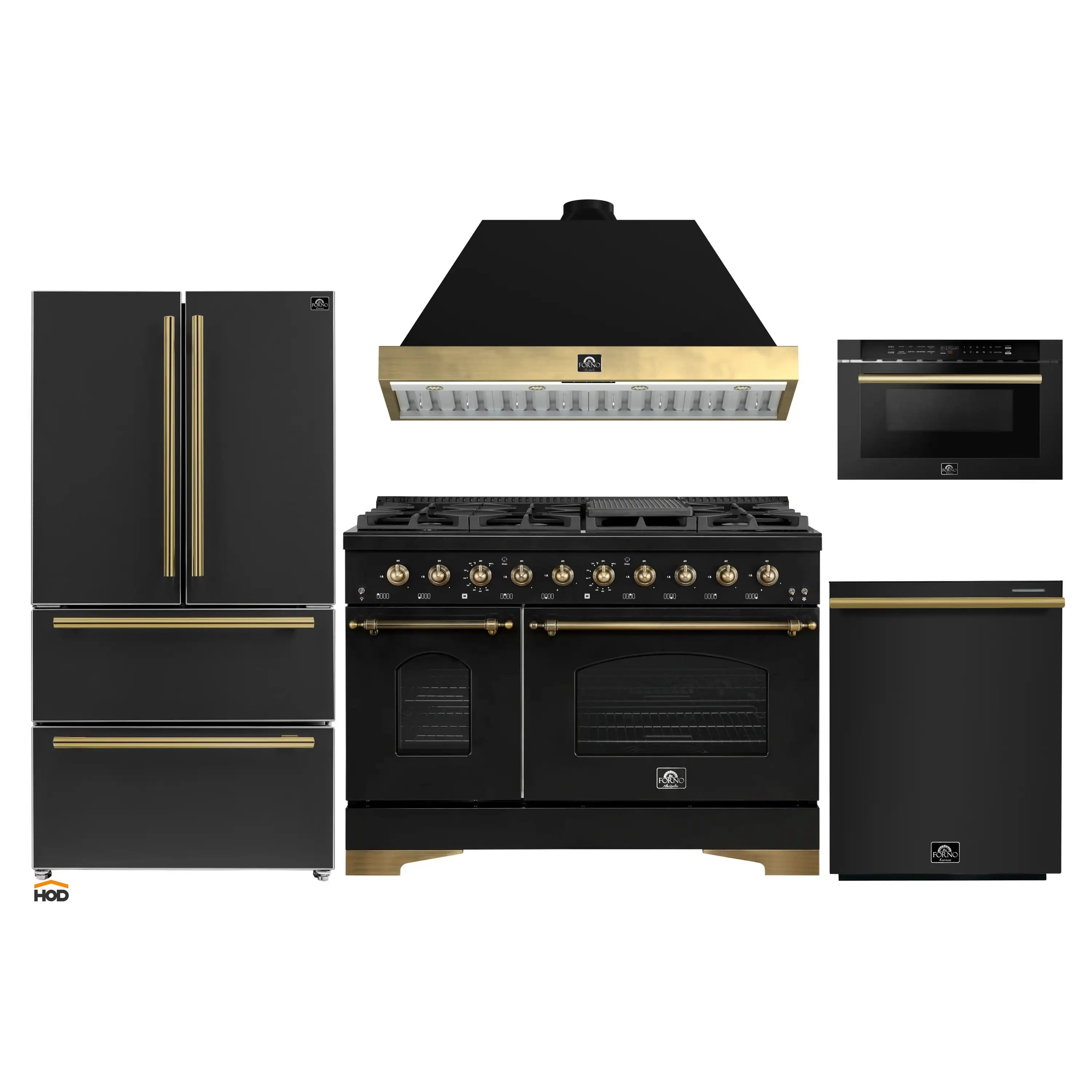 Black kitchen appliance set with brass accents: range, hood, refrigerator, microwave, dishwasher