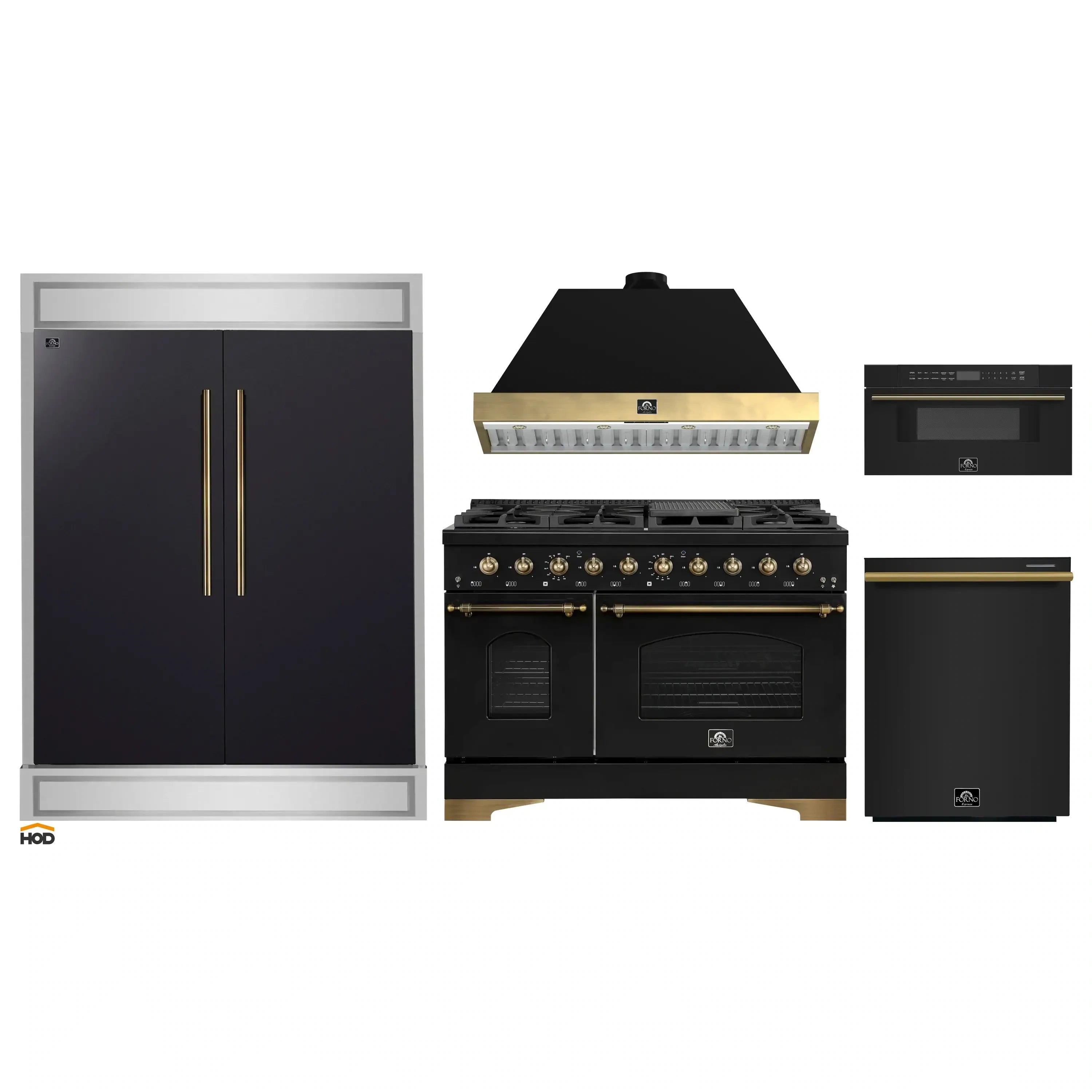 Black appliance set: refrigerator, dual fuel range, dishwasher, and built-in microwave