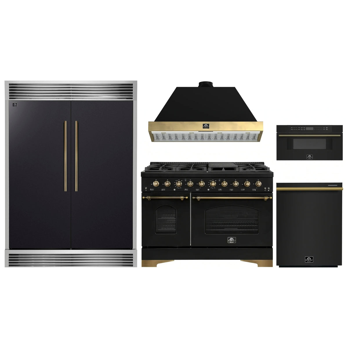 Forno 5-Piece Appliance Package - 48-Inch Dual Fuel Range, Hood, 60-Inch Convertible Refrigerator with Modern Grille Trim, Dishwasher, and 30-Inch Microwave Drawer in Black with Antique Brass Trim