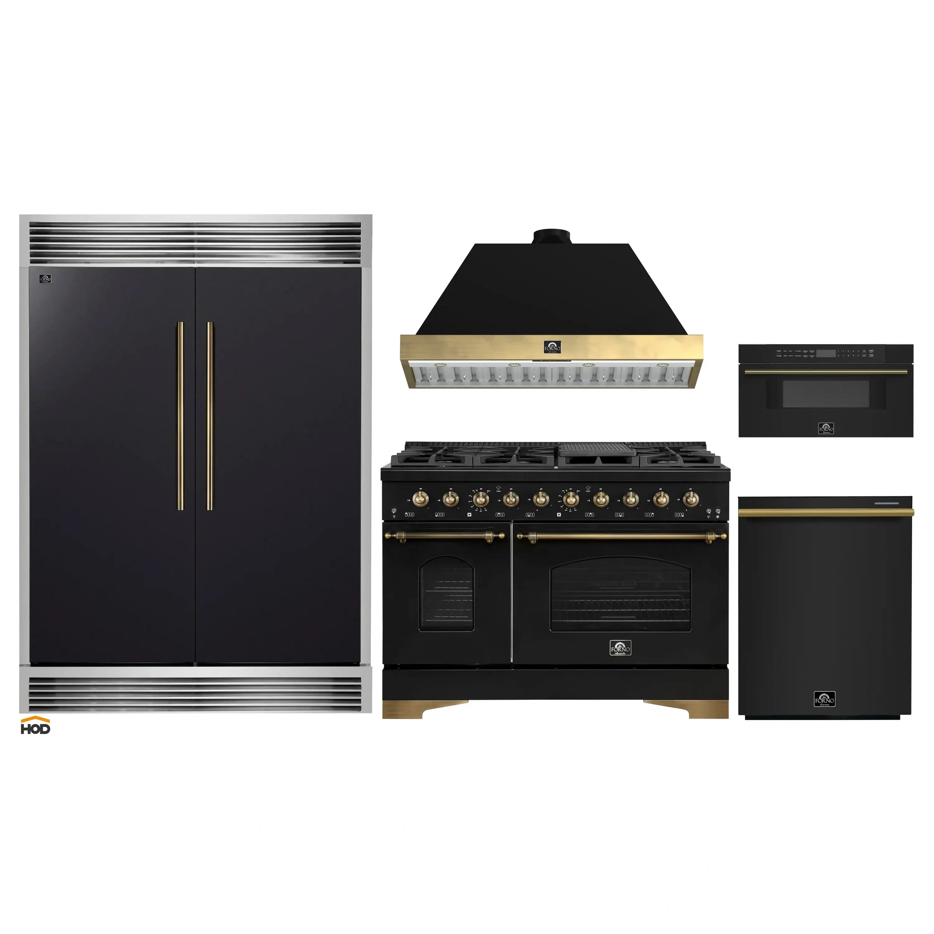 Black 5-piece appliance package: refrigerator, dual-fuel range, microwave and dishwasher