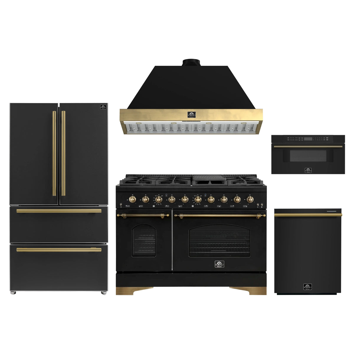Forno Antico 5-Piece Appliance Package - 48-Inch Dual Fuel Range, 48-Inch Hood, 36-Inch Refrigerator, 24-Inch Dishwasher, & 30-Inch Microwave Drawer in Black with Antique Brass Trim