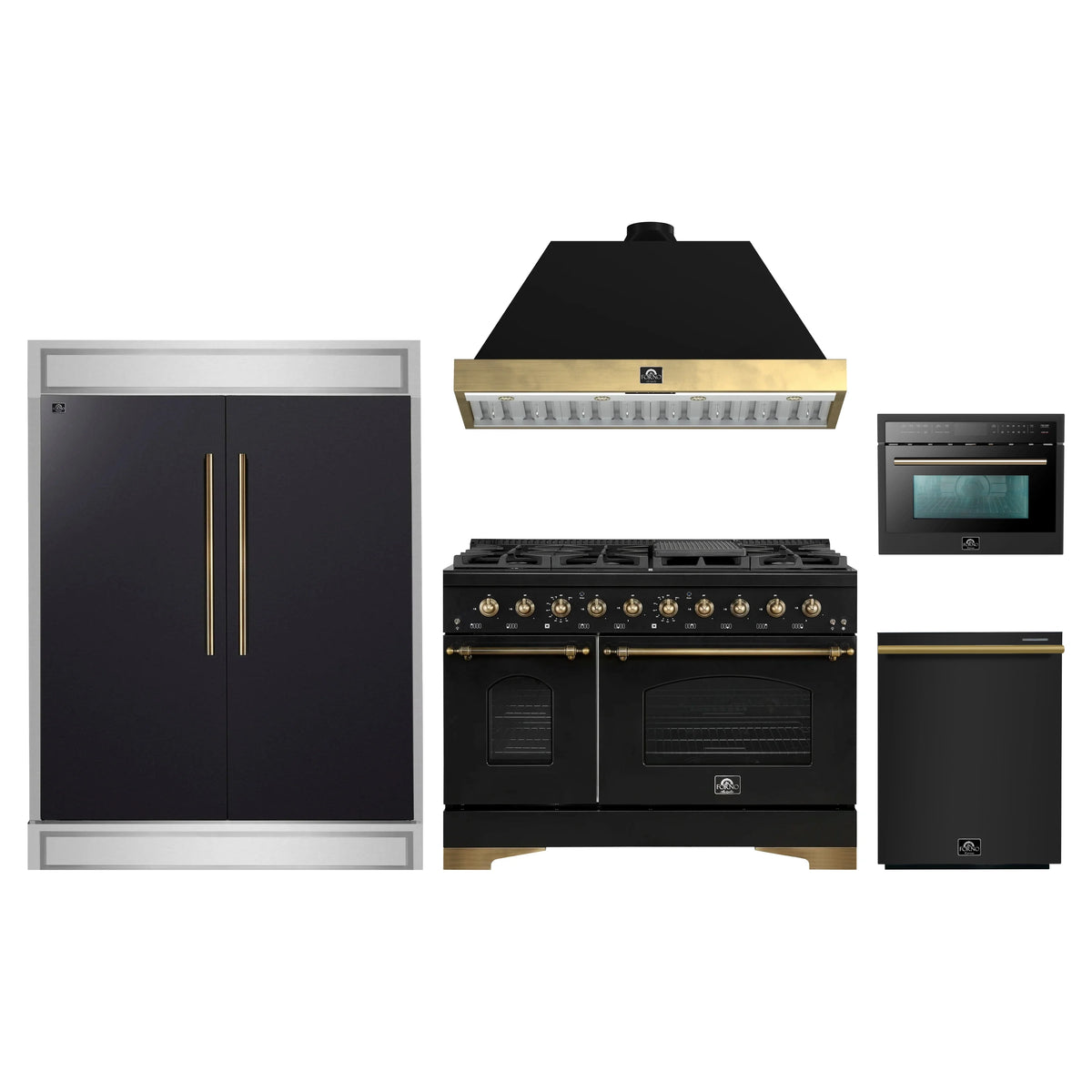 Forno 5-Piece Appliance Package - 48-Inch Dual Fuel Range, Hood, 60-Inch Convertible Refrigerator with Modern Trim, Dishwasher, and 24-Inch Microwave Oven in Black with Antique Brass Trim