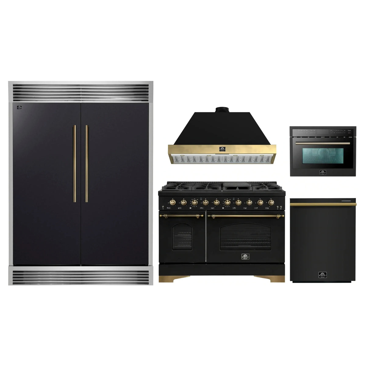 Forno 5-Piece Appliance Package - 48-Inch Dual Fuel Range, Hood, 60-Inch Convertible Refrigerator with Modern Grille Trim, Dishwasher, and 24-Inch Microwave Oven in Black with Antique Brass Trim