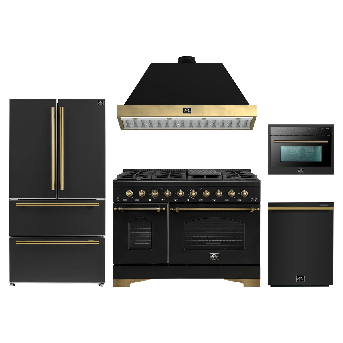 Forno Antico 5-Piece Appliance Package - 48-Inch Dual Fuel Range, 48-Inch Hood, 36-Inch Refrigerator, 24-Inch Dishwasher, & 24-Inch Microwave Oven in Black with Antique Brass Trim