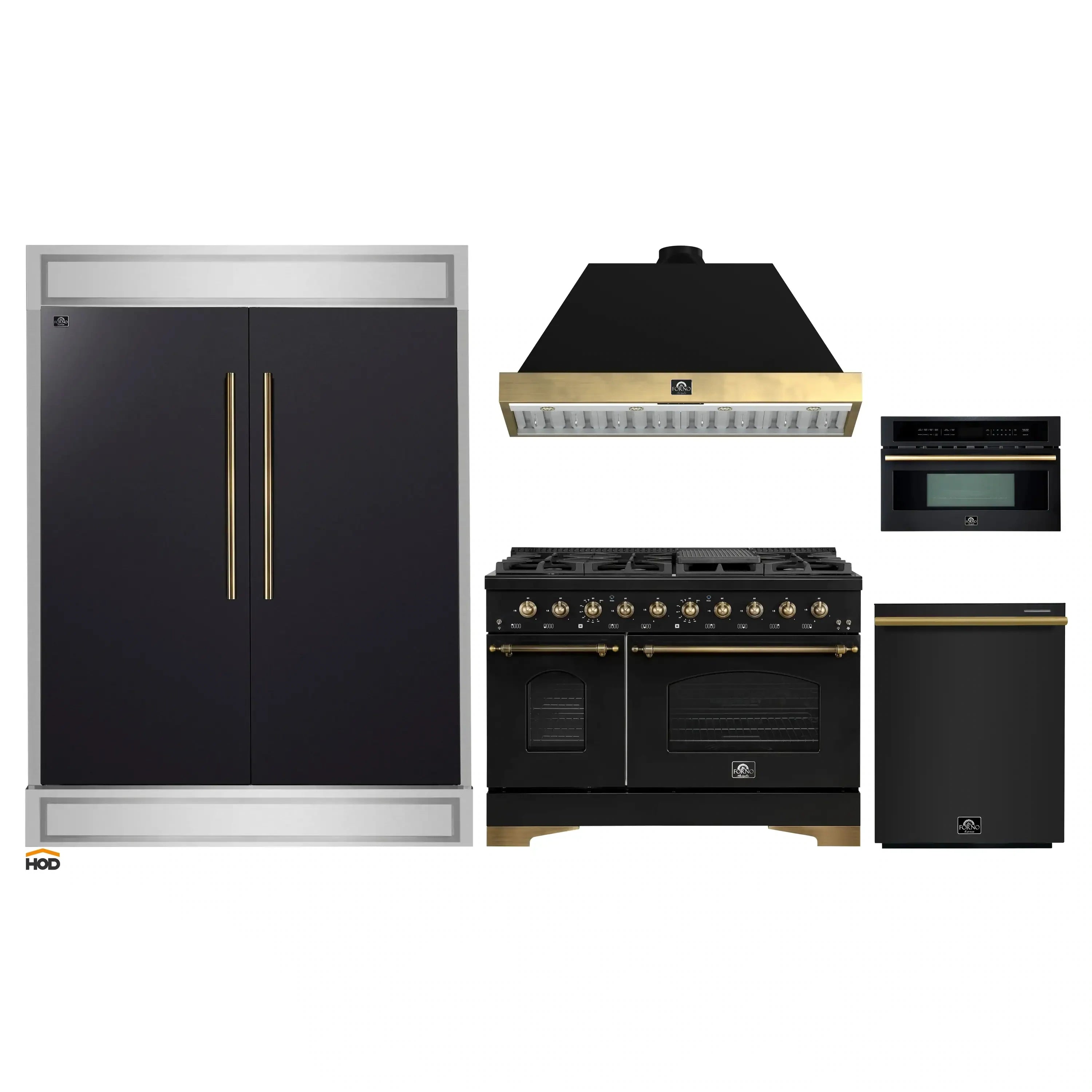 Appliance bundle featuring black range with brass trim, matching refrigerator and microwave