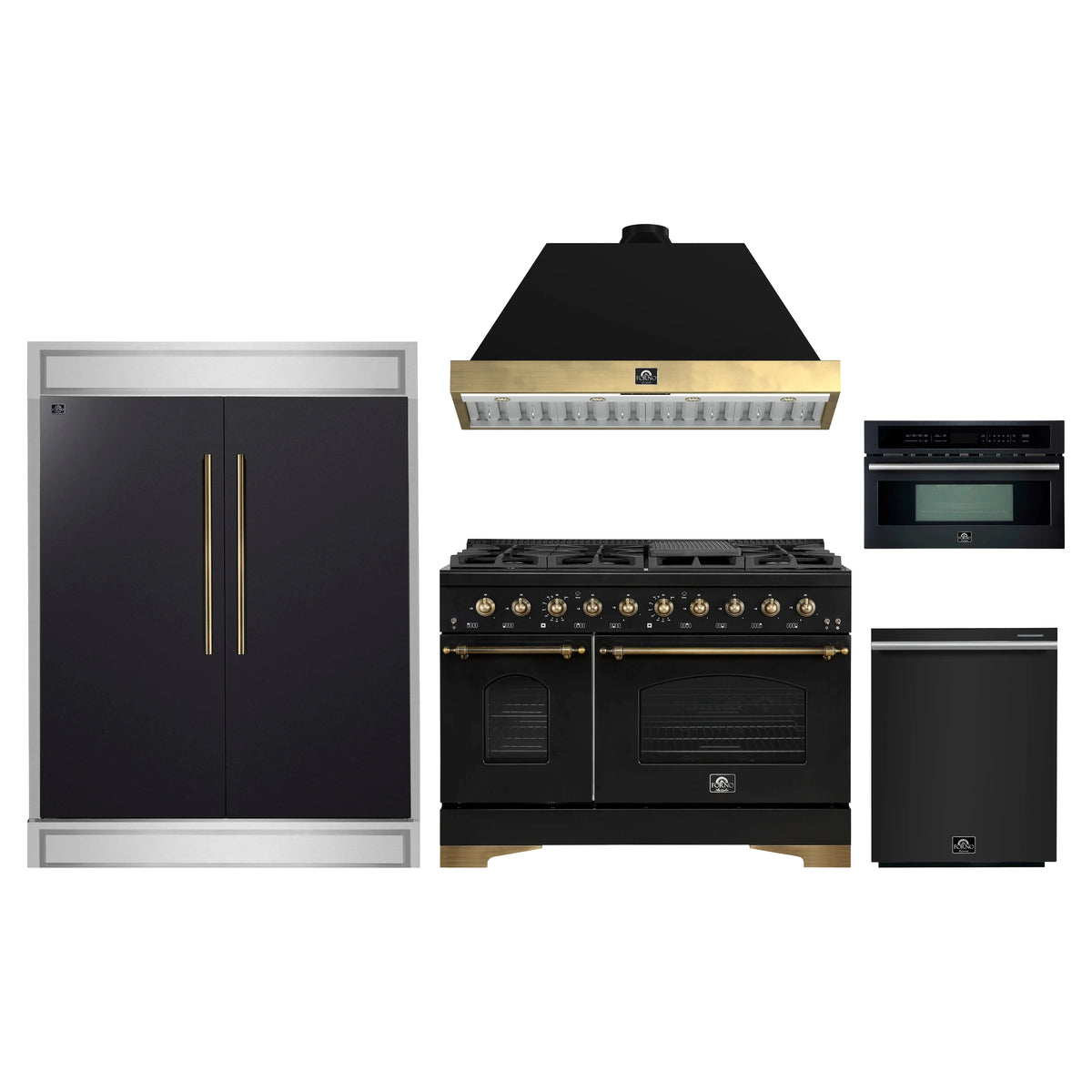 Forno 5-Piece Appliance Package - 48-Inch Dual Fuel Range, Hood, 60-Inch Convertible Refrigerator with Modern Trim, Dishwasher, and 30-Inch Microwave Oven in Black with Antique Brass Trim