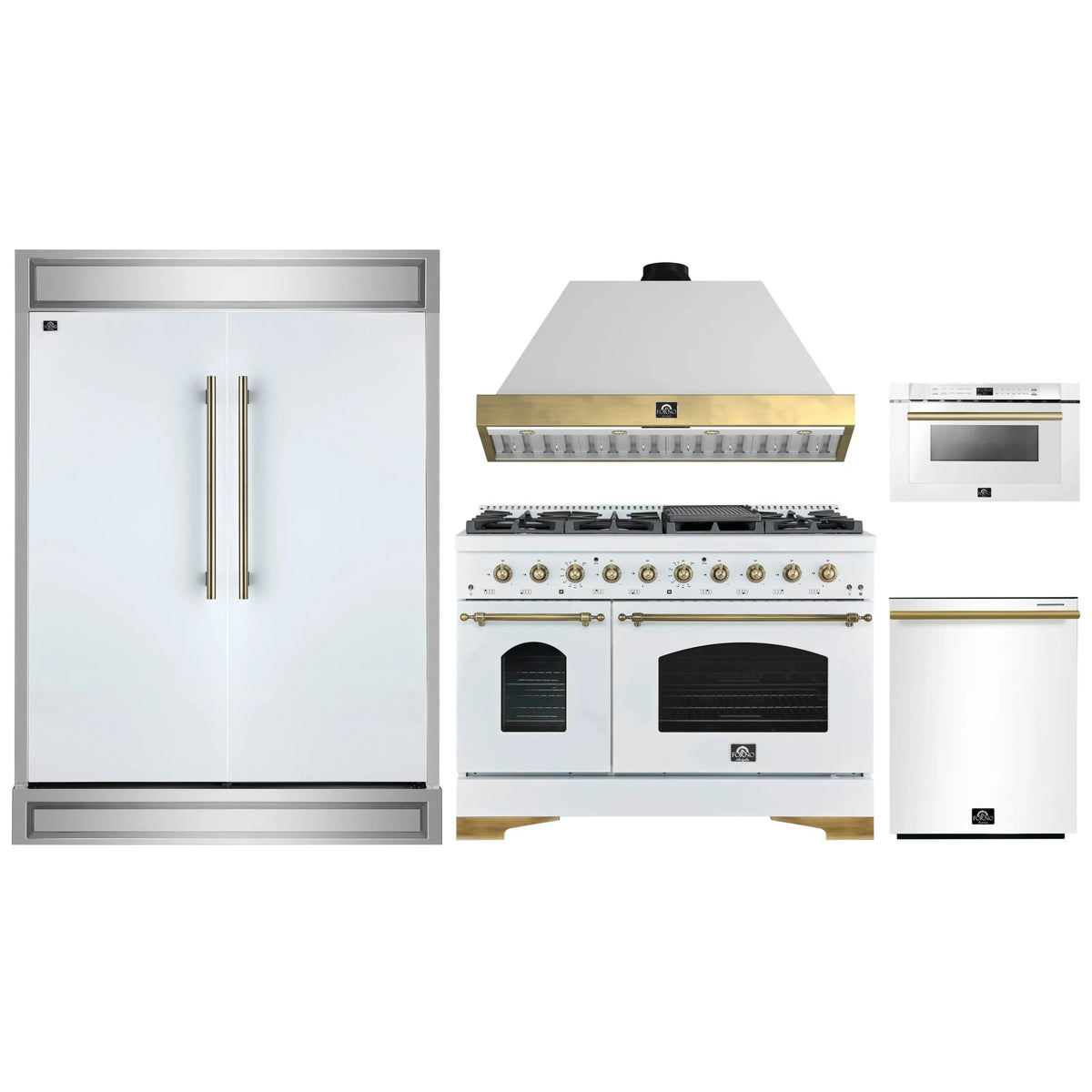 Forno 5-Piece Appliance Package - 48-Inch Dual Fuel Range, Wall Mount Range Hood, 60-Inch Refrigerator, Dishwasher, & 24-Inch Microwave Drawer in White with Antique Brass Trim