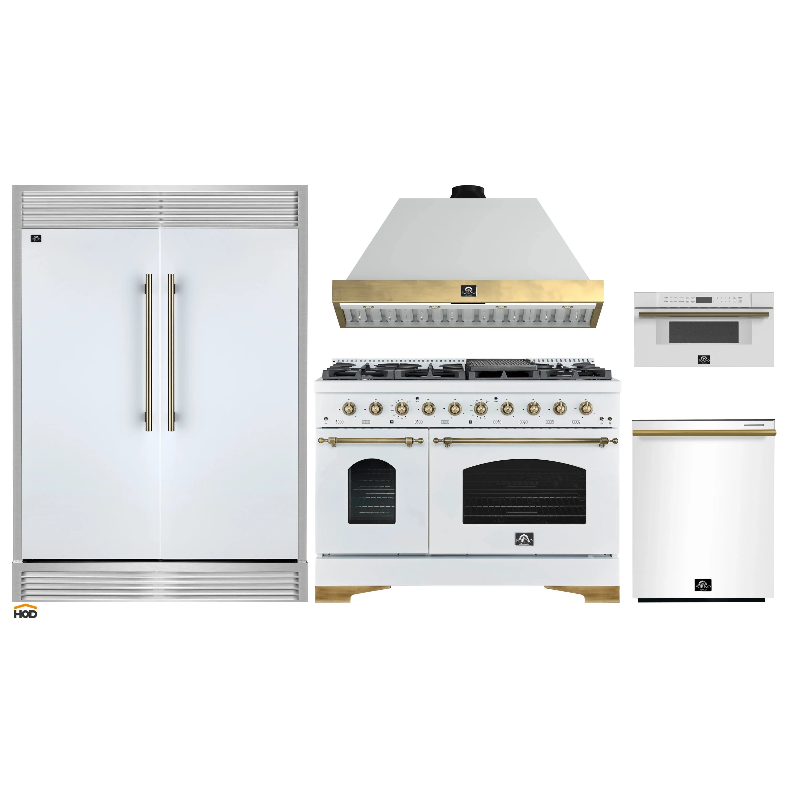 Wall range hood shown with stove and refrigerator appliances in white finish