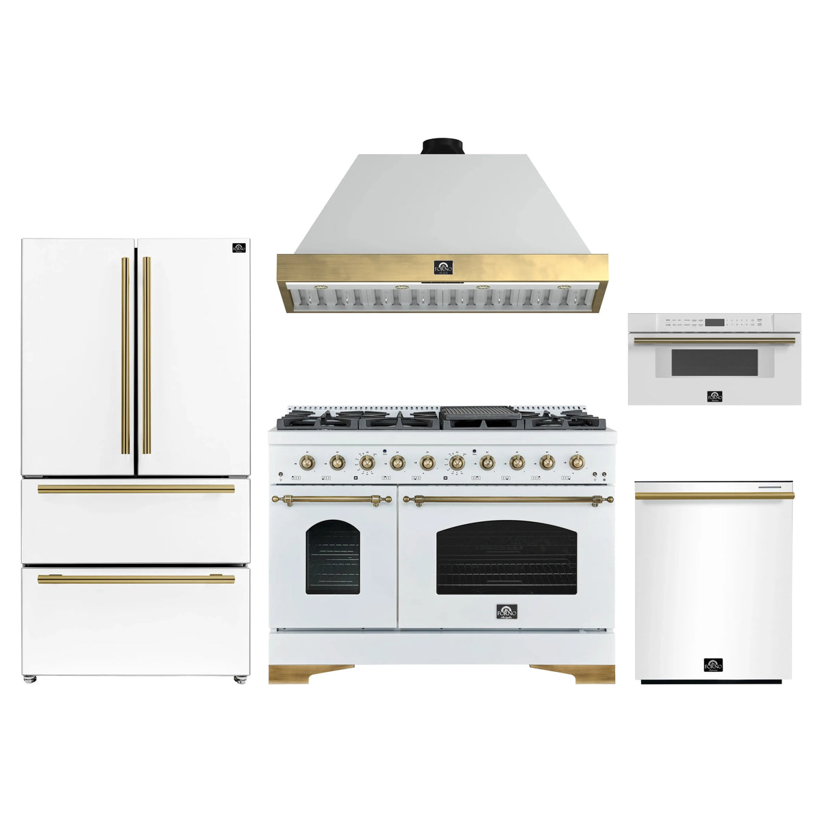 Forno Antico 5-Piece Appliance Package - 48-Inch Dual Fuel Range, 48-Inch Hood, 36-Inch Refrigerator, 24-Inch Dishwasher, & 30-Inch Microwave Drawer in White with Antique Brass Trim