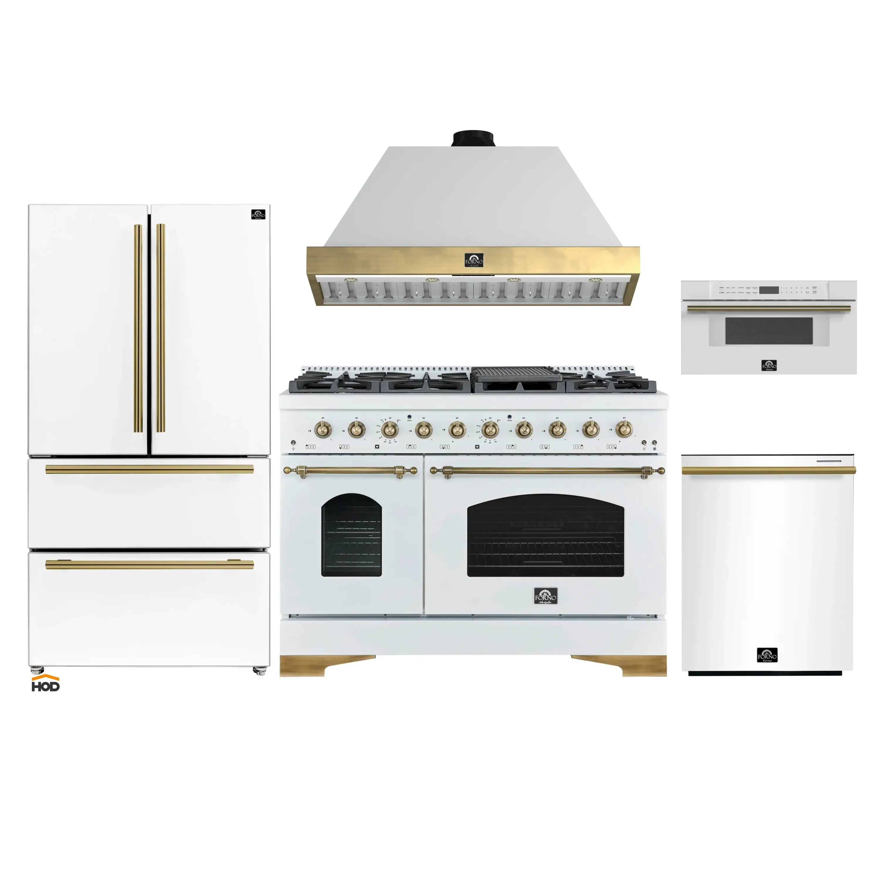 White kitchen appliance package with antique brass accents: range, hood, fridge, dishwasher