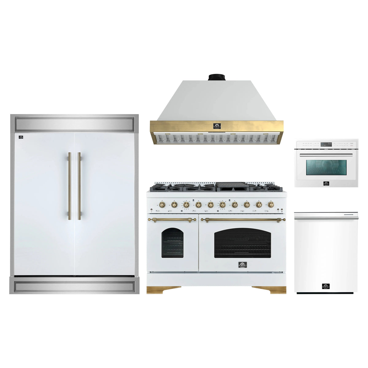 Forno 5-Piece Appliance Package - 48-Inch Antico Dual Fuel Range, Wall Mount Range Hood, 60-Inch Refrigerator, Dishwasher, & 24-Inch Microwave Oven in White with Antique Brass Trim