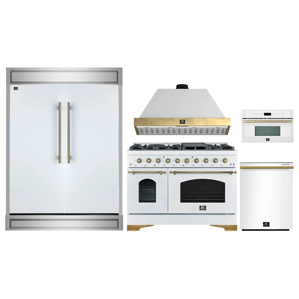 Forno 5-Piece Appliance Package - 48-Inch Antico Dual Fuel Range, Wall Mount Range Hood, 60-Inch Refrigerator, Dishwasher, & 30-Inch Microwave Oven in White with Antique Brass Trim