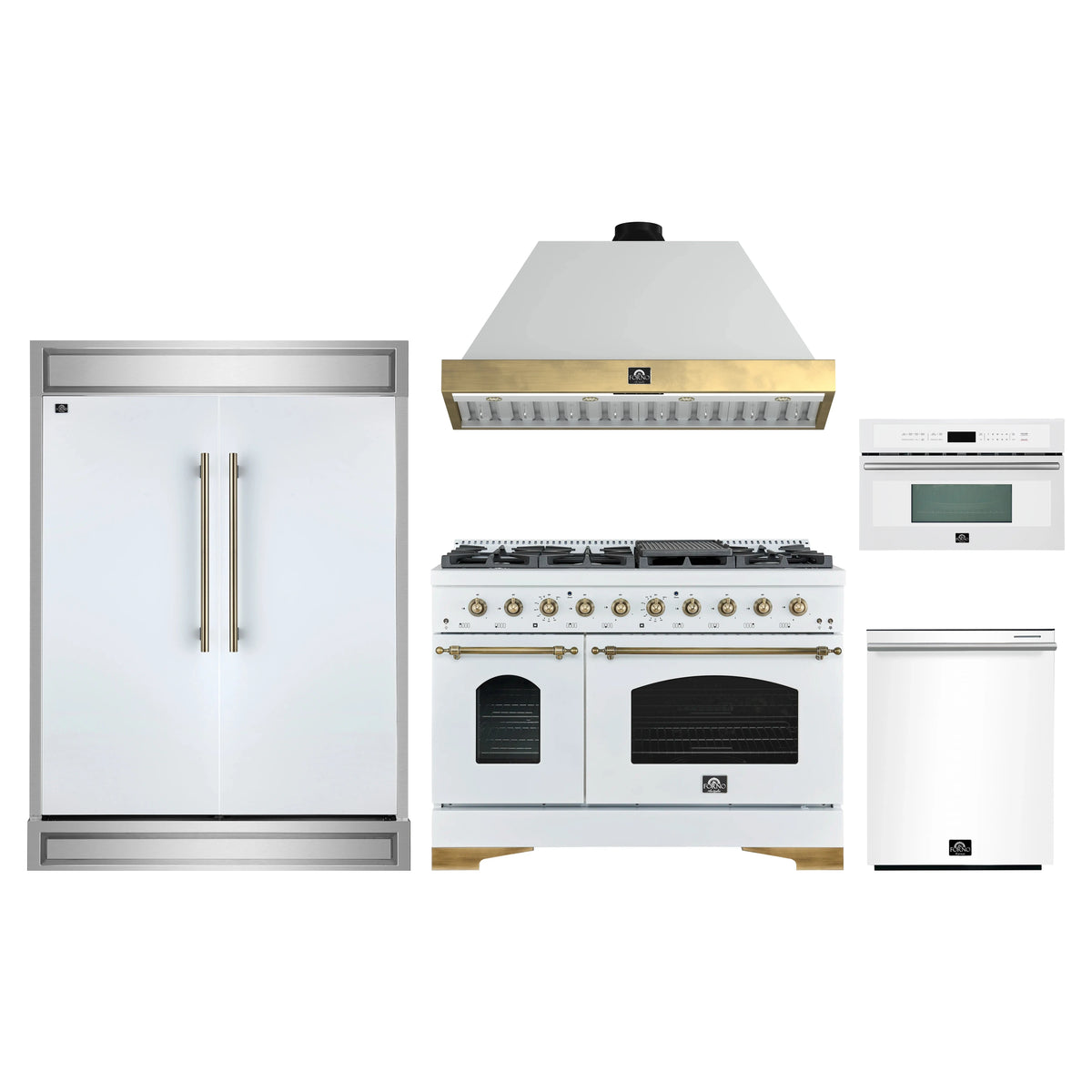 Forno 5-Piece Appliance Package - 48-Inch Antico Dual Fuel Range, Wall Mount Range Hood, 60-Inch Refrigerator, Dishwasher, & 30-Inch Microwave Oven in White with Antique Brass Trim