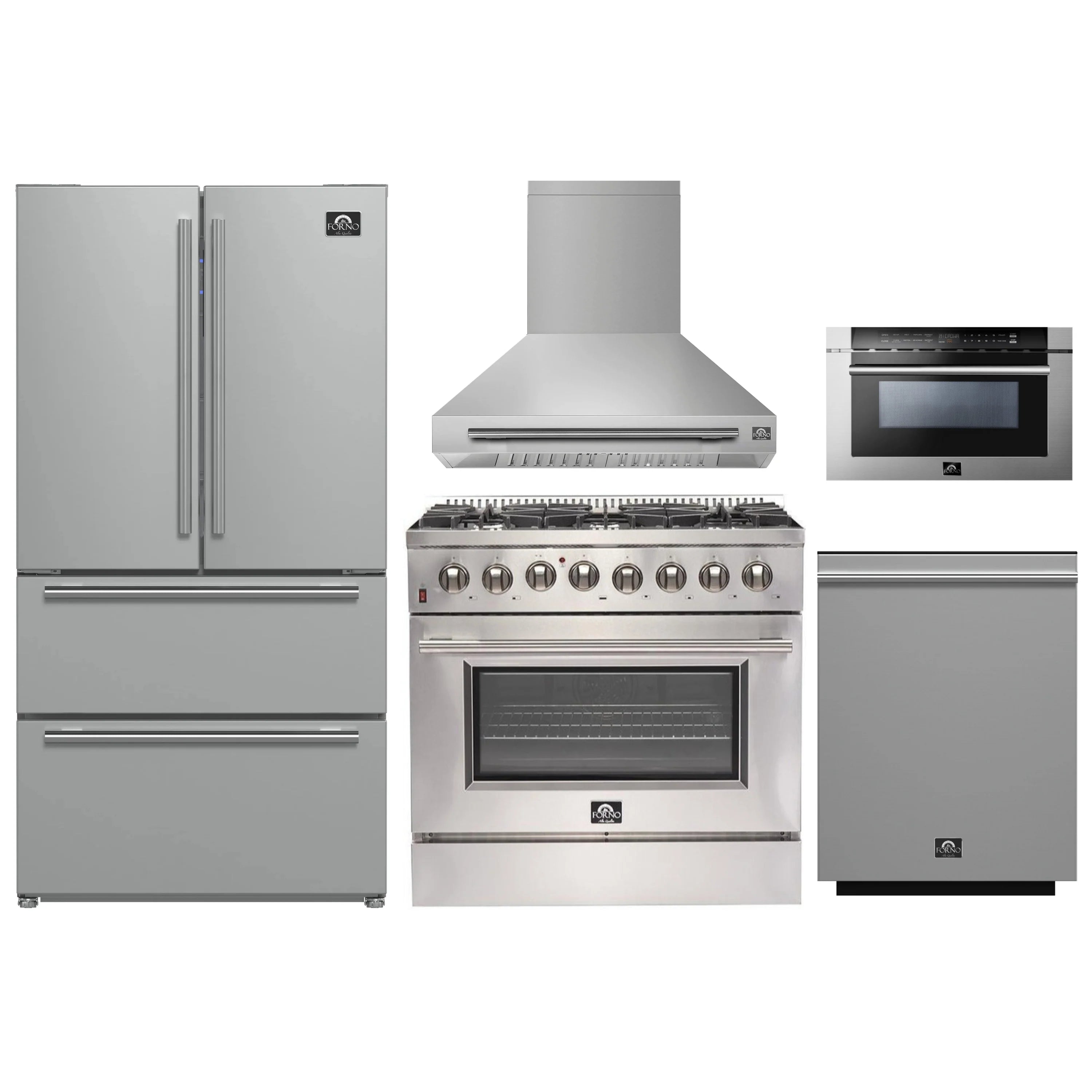 Stainless steel kitchen appliance set with refrigerator, range, hood, oven, and dishwasher
