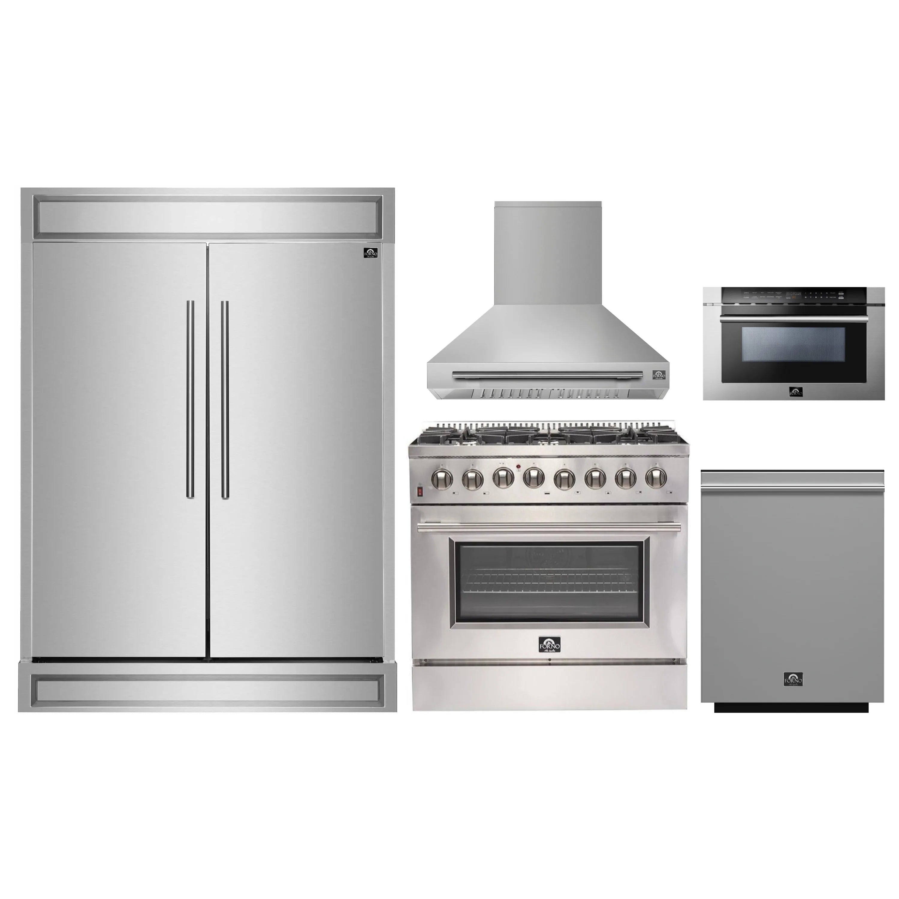 Stainless steel appliance set: refrigerator, range, hood, oven, and microwave drawer