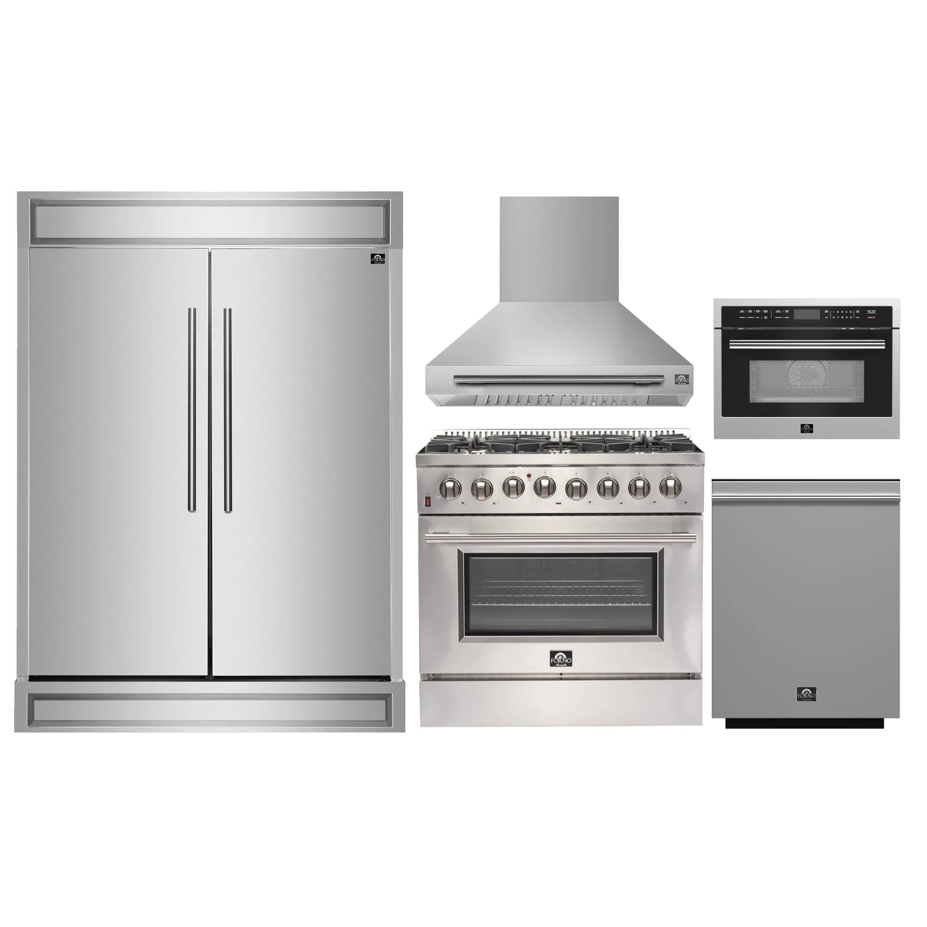 Stainless steel 5-piece appliance package: refrigerator, range, hood, microwave, dishwasher