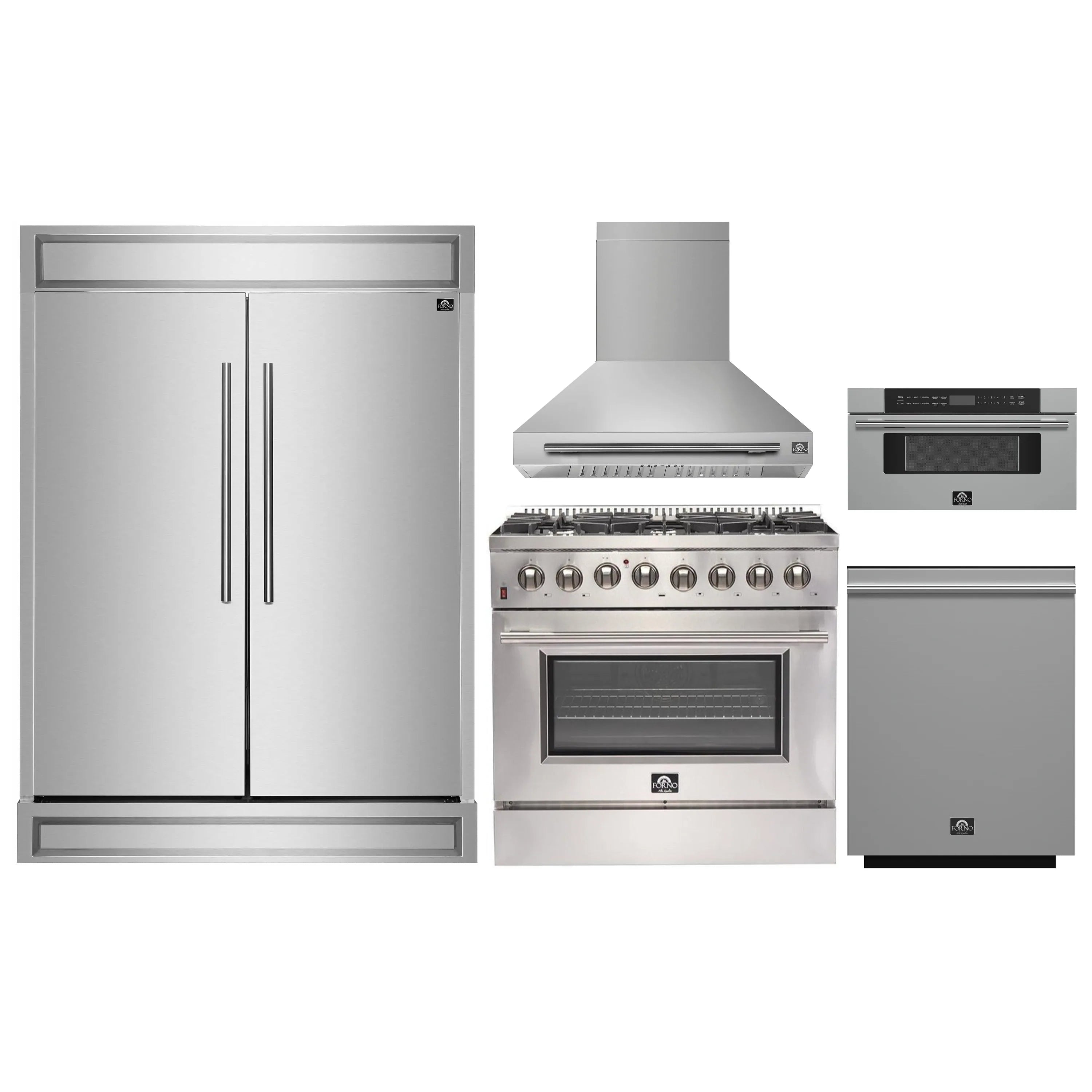Stainless steel appliance package with refrigerator, dual-fuel range, and dishwasher
