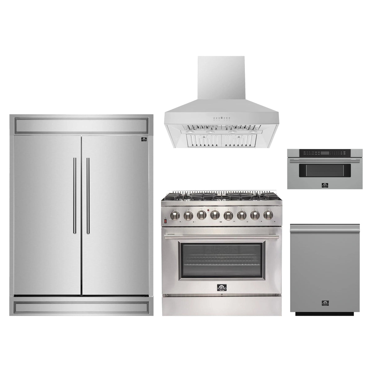 Forno 5-Piece Appliance Package - 36-Inch Dual Fuel Range, Wall Mount Range Hood, 60-Inch Refrigerator, Dishwasher, and 30-Inch Microwave Drawer in Stainless Steel