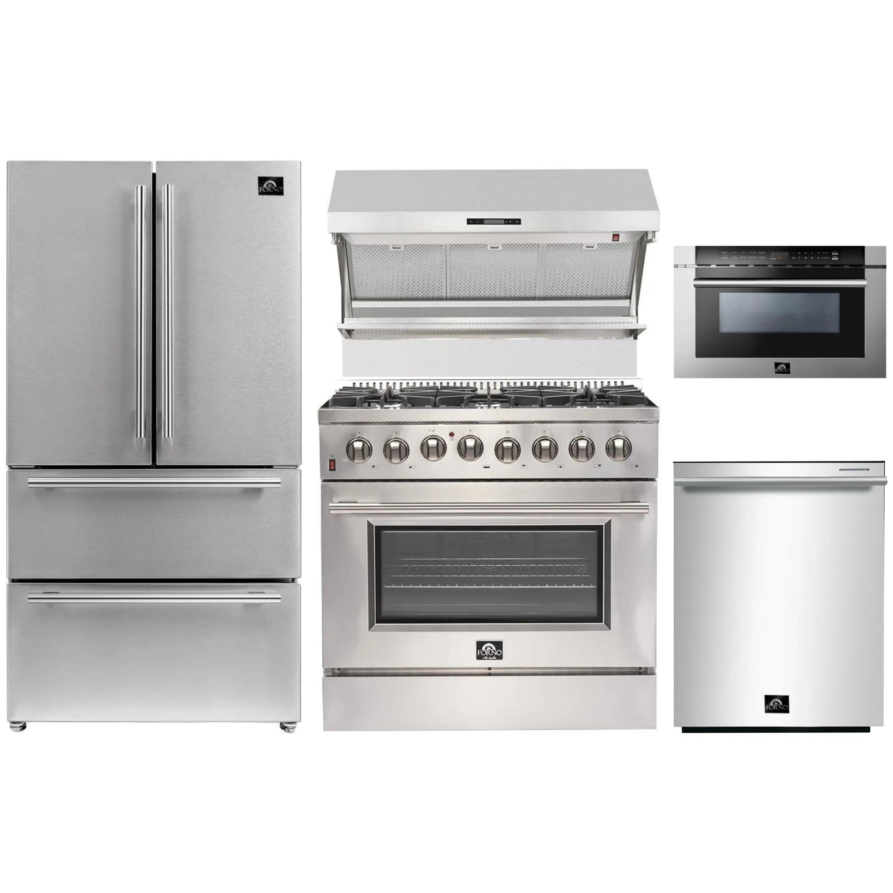 Stainless steel 5-piece kitchen appliance set: fridge, dual-fuel range, hood, microwave, dishwasher