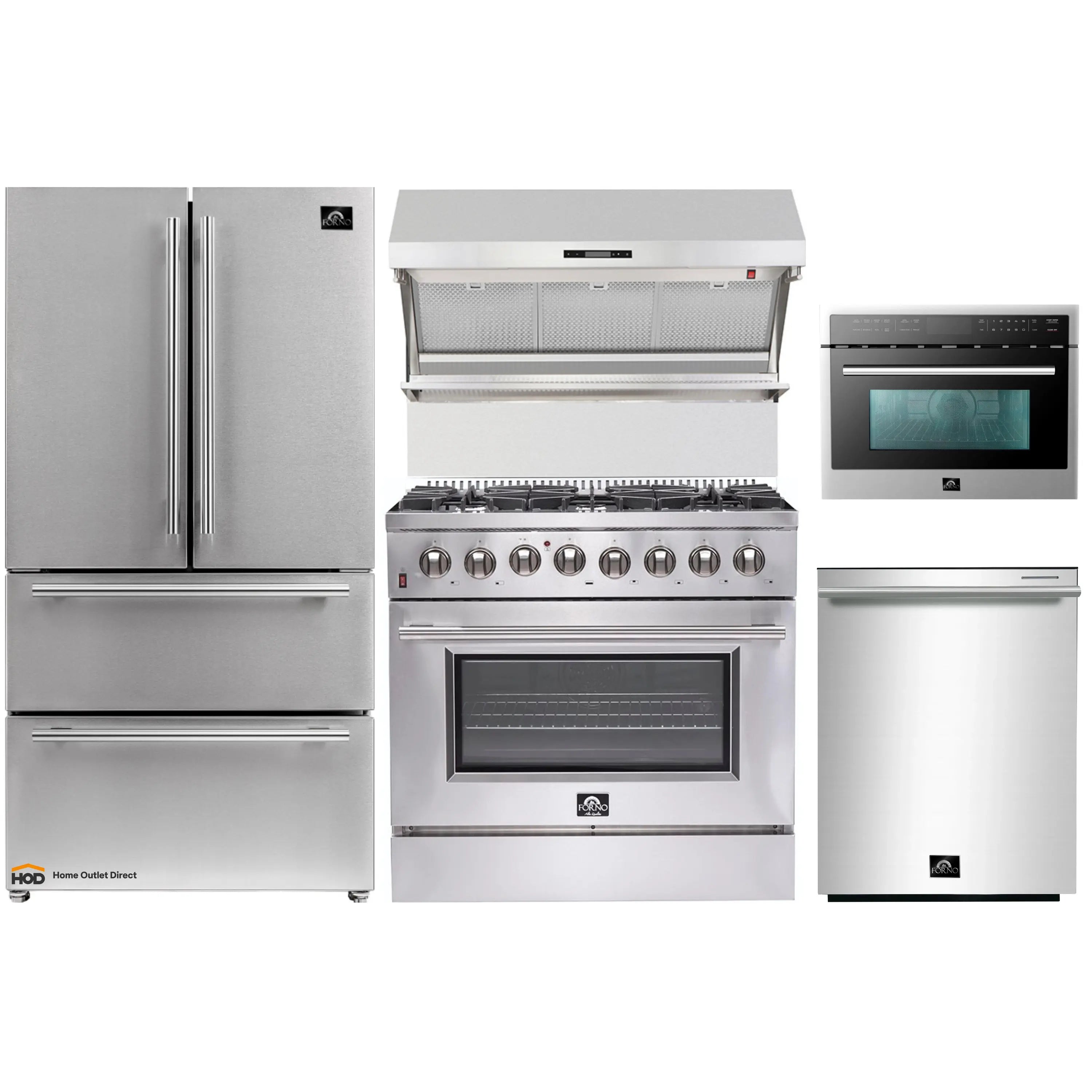 Stainless steel appliance set: refrigerator, dual-fuel range, microwave, and dishwasher.
