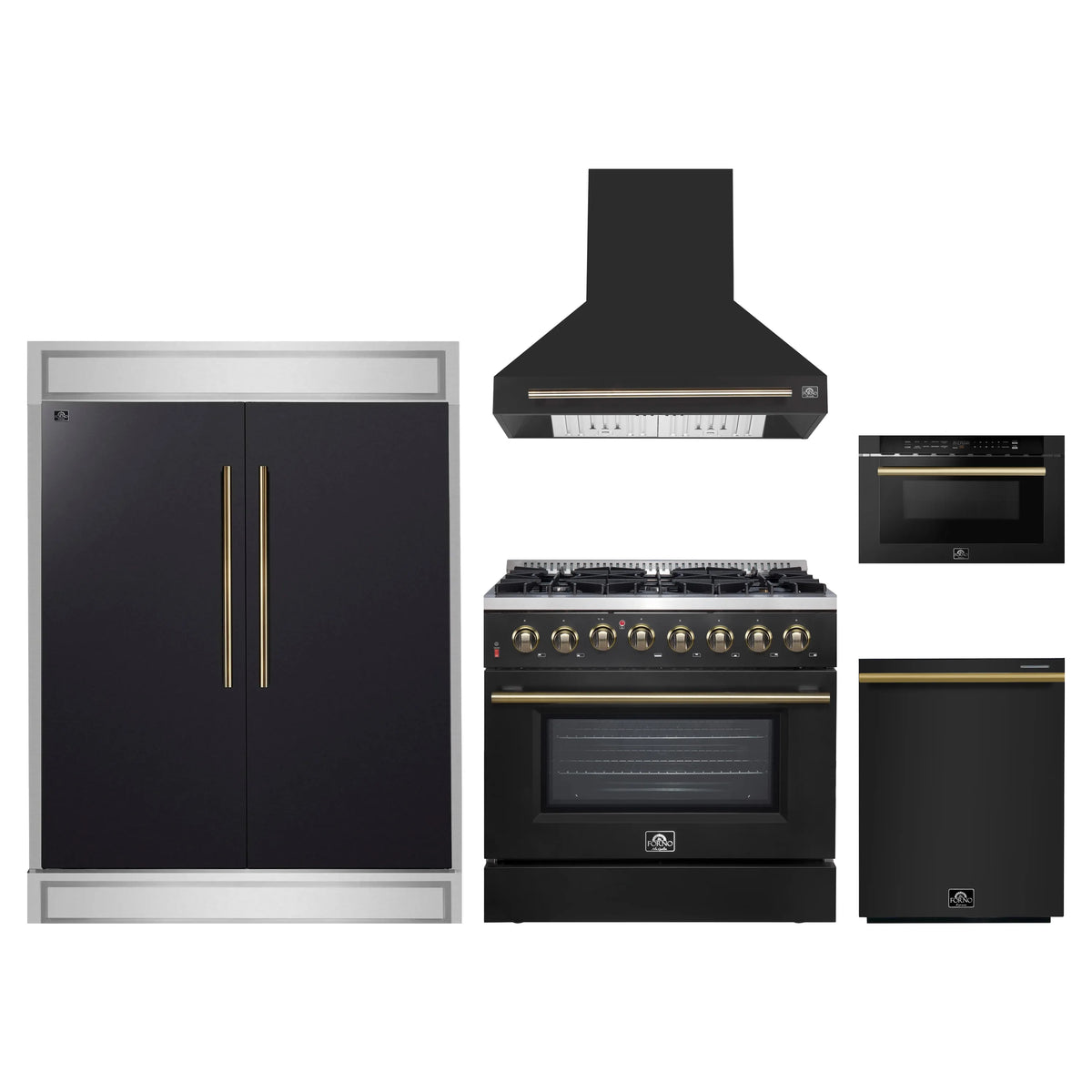 Forno 5-Piece Appliance Package - 36-Inch Dual Fuel Range, Wall Mount Range Hood, 60-Inch Refrigerator, Dishwasher, and 24-Inch Microwave Drawer in Black with Antique Brass Trim