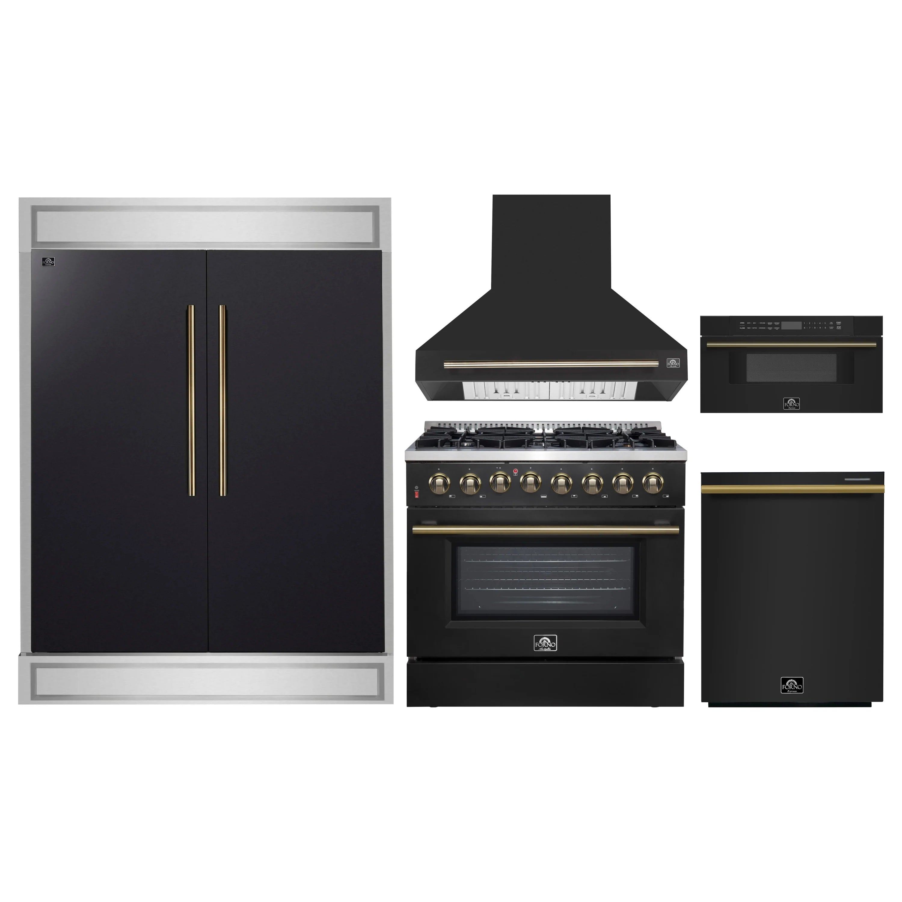 Black kitchen appliance package with antique brass accents: range, hood, and more
