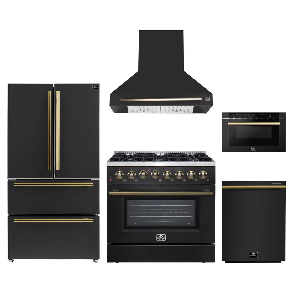Forno 5-Piece Appliance Package - 36-Inch Dual Fuel Range, Wall Mount Range Hood, 36-Inch Refrigerator, Dishwasher, and 24-Inch Microwave Drawer in Black with Antique Brass Trim