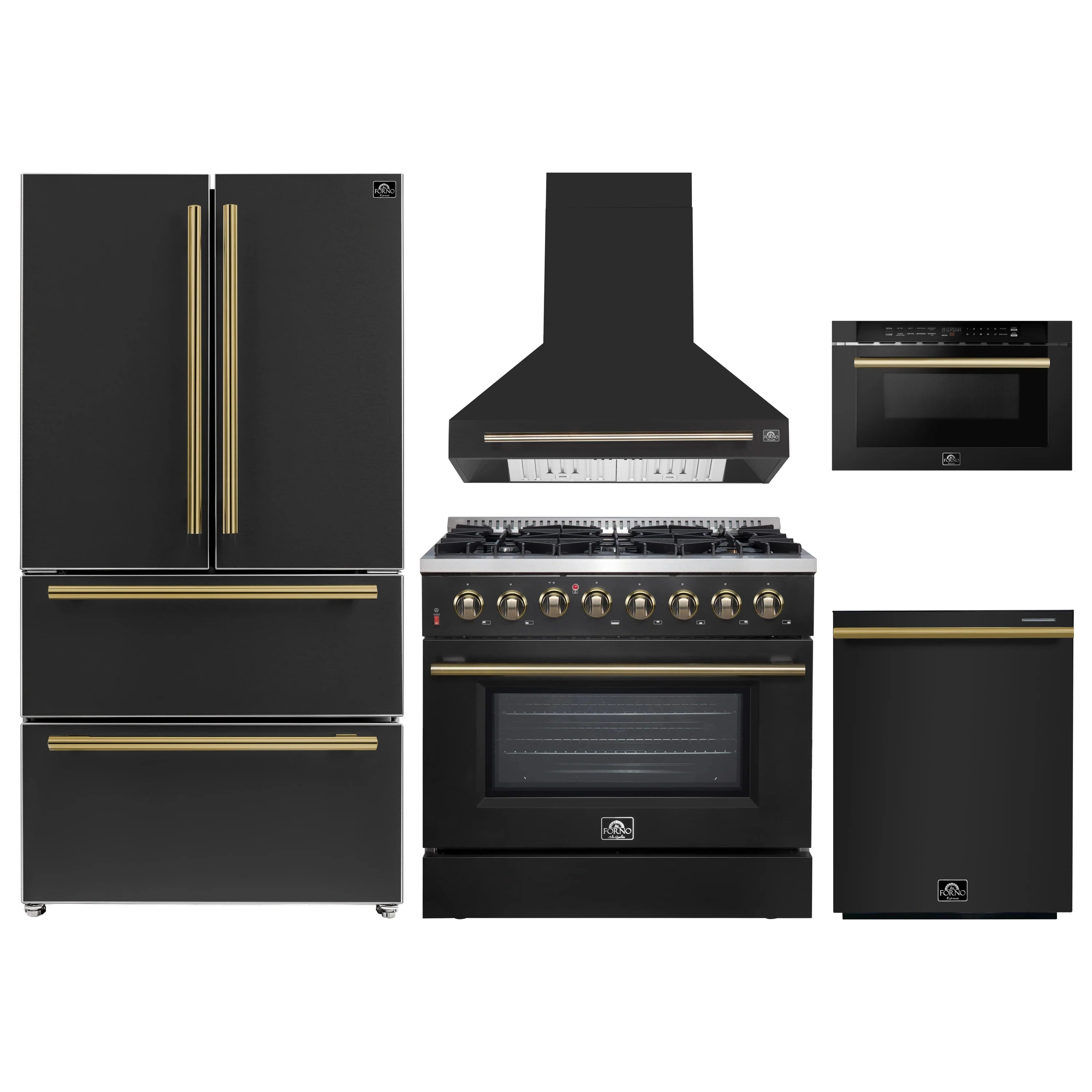Black appliance package with range, wall hood, refrigerator, dishwasher, and microwave drawer