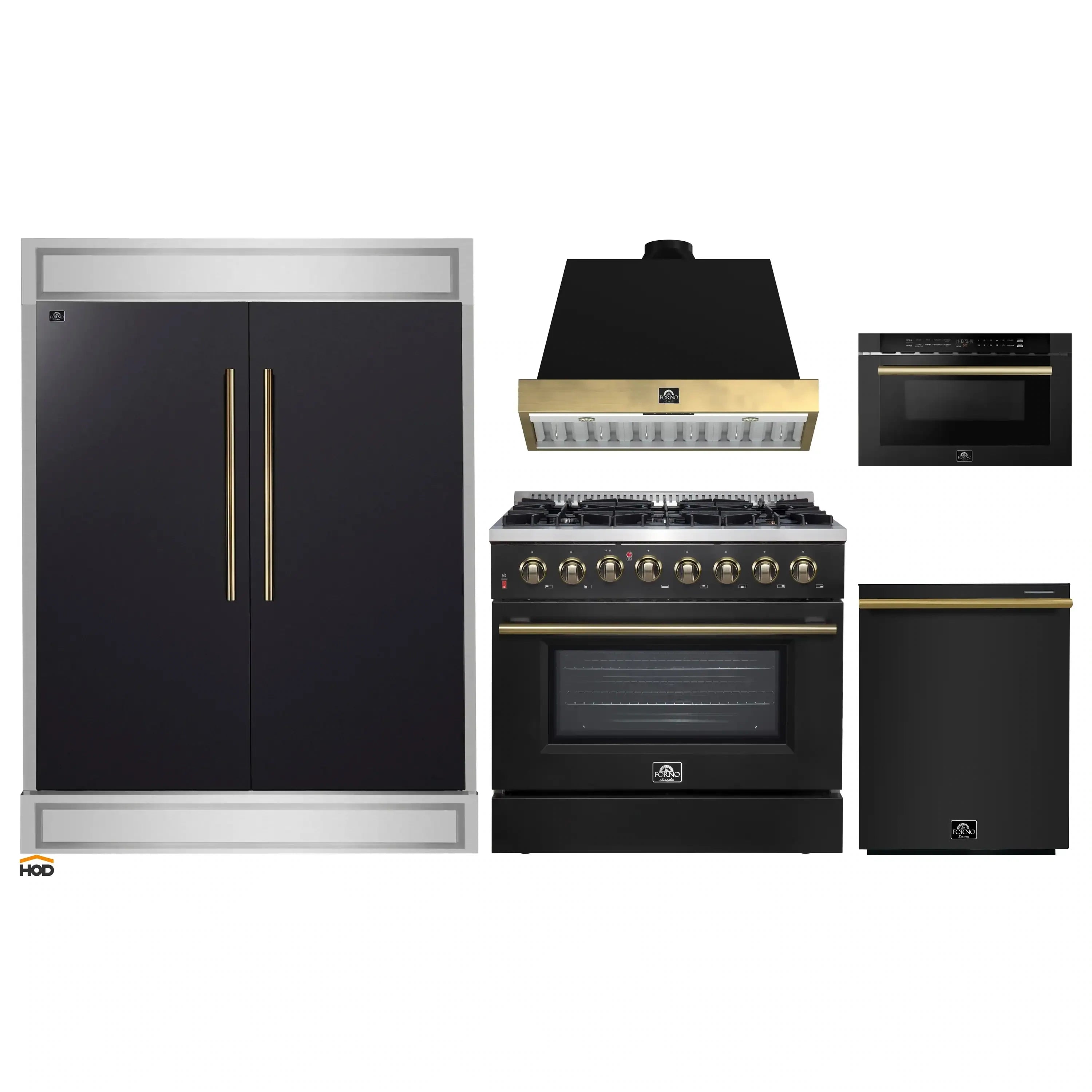 Appliance package set: black range, range hood, microwave drawer, refrigerator, dishwasher