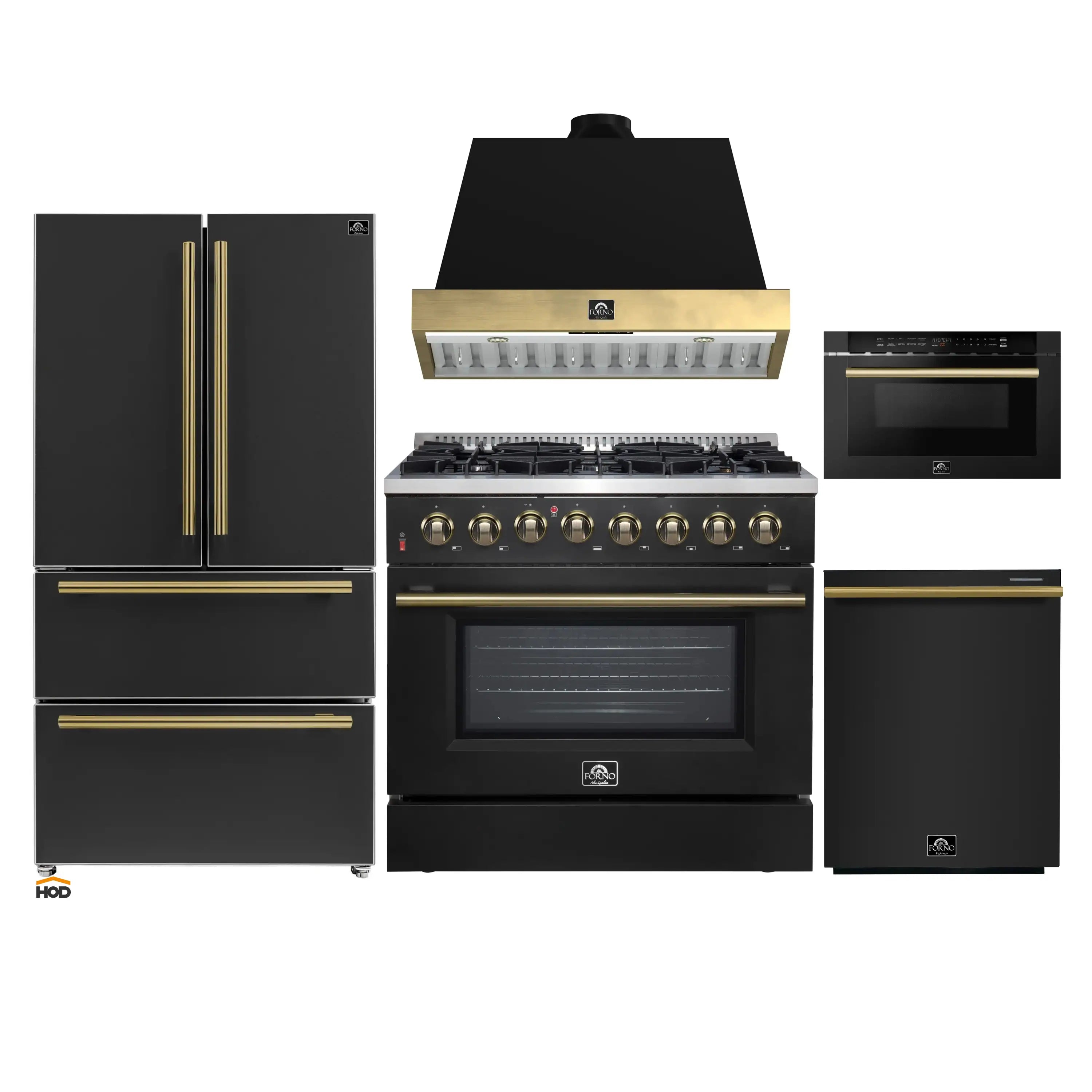 Black kitchen appliance set with dual fuel range, hood, microwave drawer, dishwasher, and refrigerator.