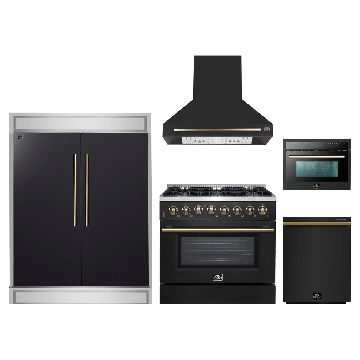 Forno 5-Piece Appliance Package - 36-Inch Dual Fuel Range, Wall Mount Range Hood, 60-Inch Convertible Refrigerator with Modern Trim, Dishwasher, and 24-Inch Microwave Oven in Black with Antique Brass Trim