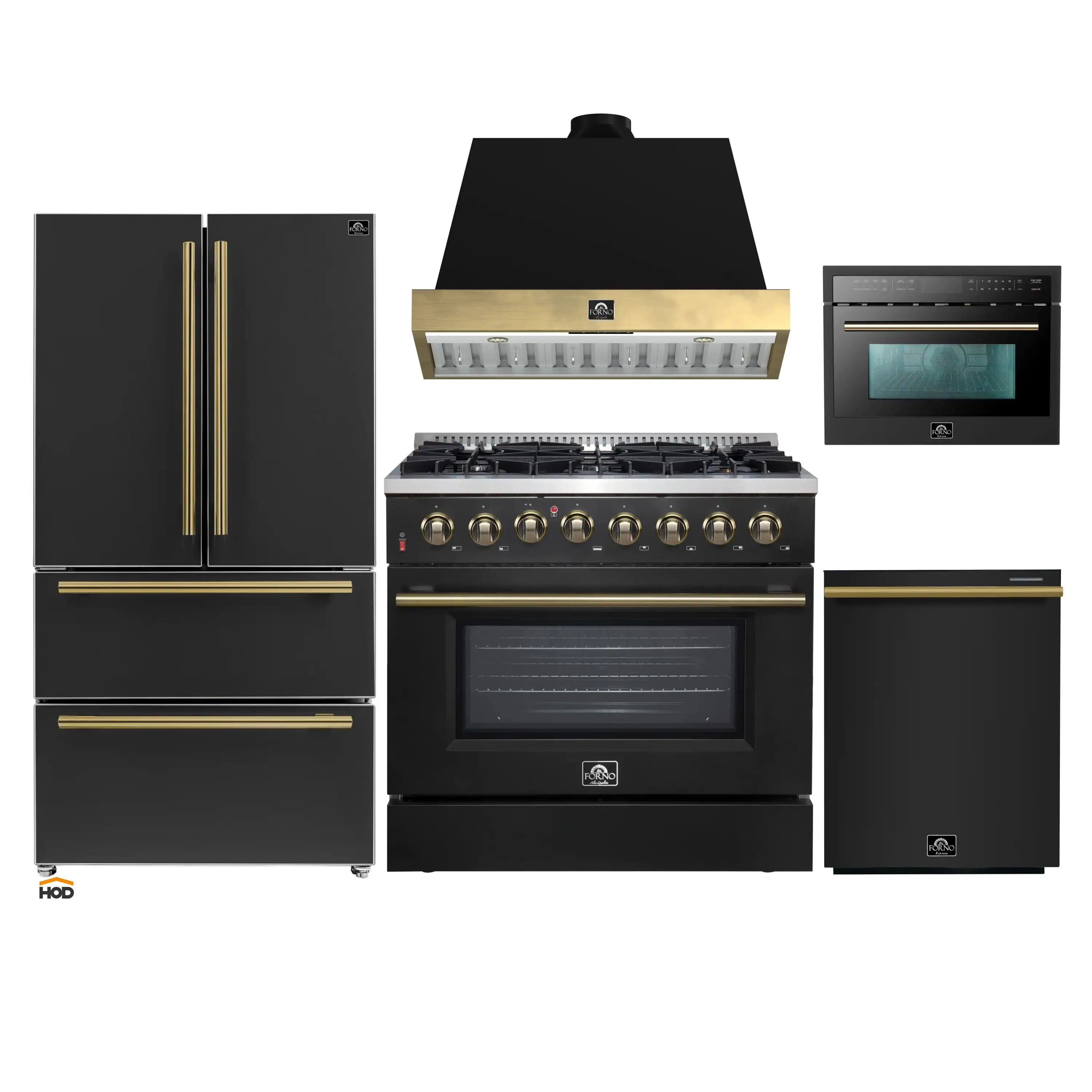 Black appliance package with antique brass accents: range, hood, refrigerator, dishwasher